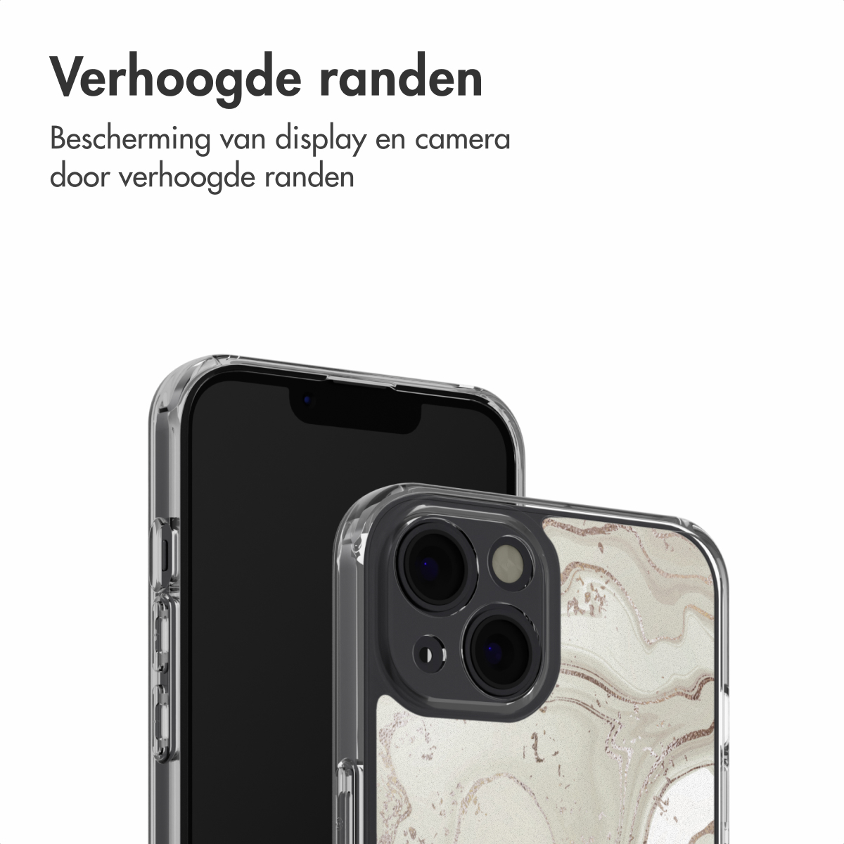 Deux téléphones dans des étuis transparents. L'un a un dos à motifs. Les étuis ont des bords surélevés pour la protection.