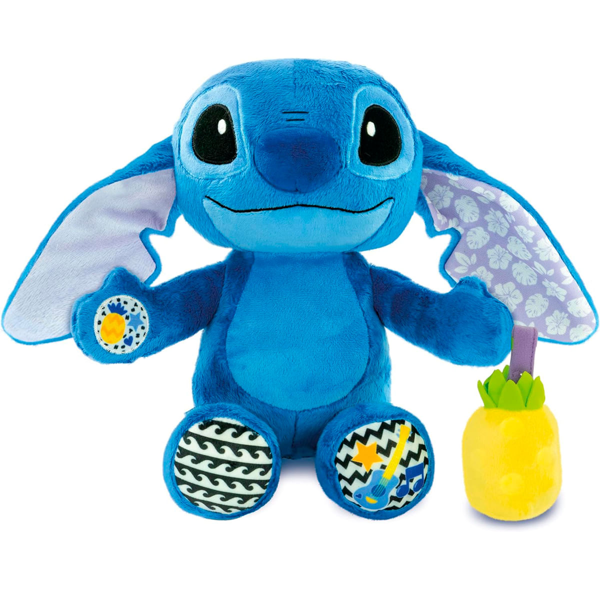 Niebieska pluszowa zabawka Stitch z akcesorium w postaci ananasa. Stitch ma duże uszy, wzorzyste łapy i uśmiechniętą twarz.