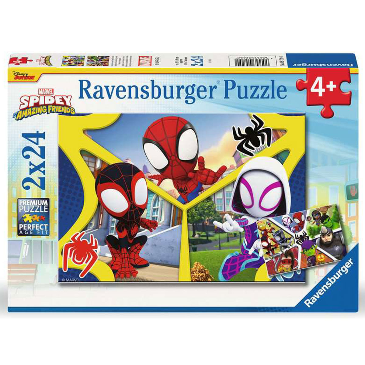 Pudełko z puzzlami Ravensburger z Spideyem i przyjaciółmi. Spidey, Miles Morales i Spider-Gwen na tle miasta.