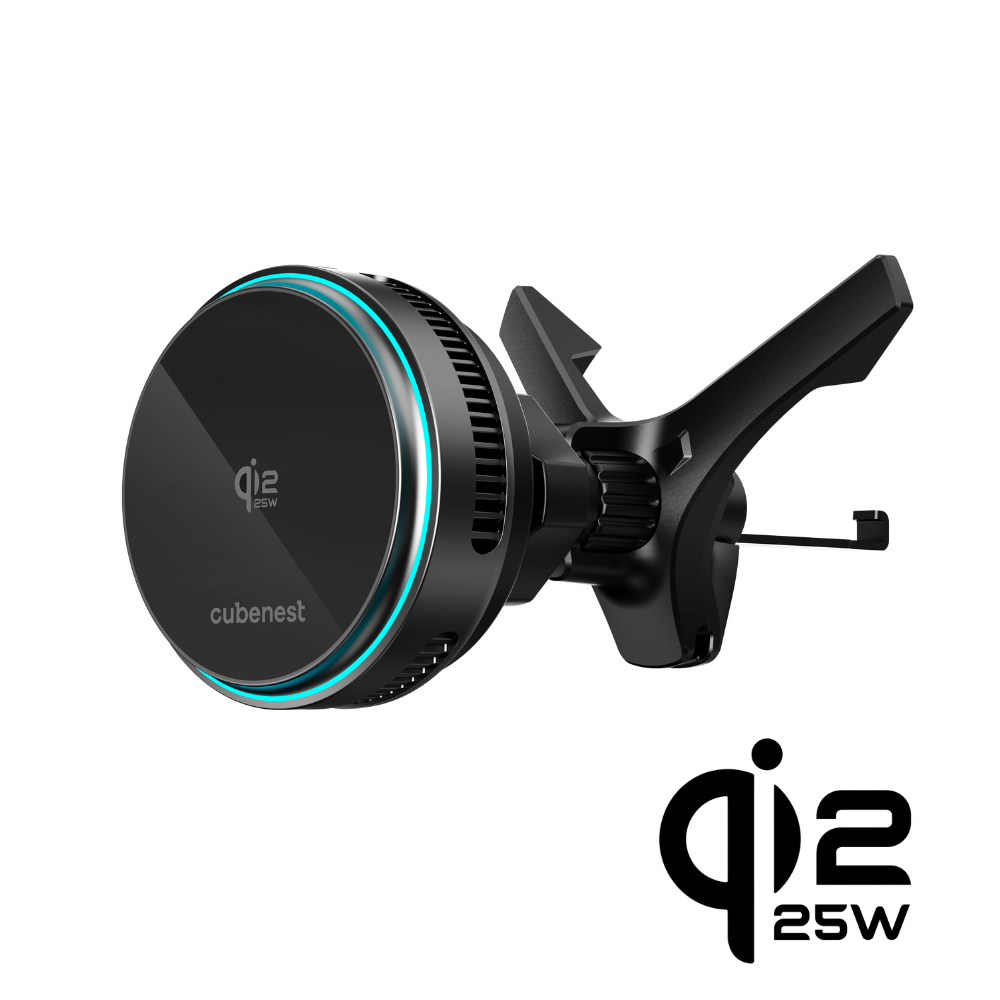 Supporto per telefono da auto nero con pad di ricarica circolare, luce blu e marchio e logo Cubenest.