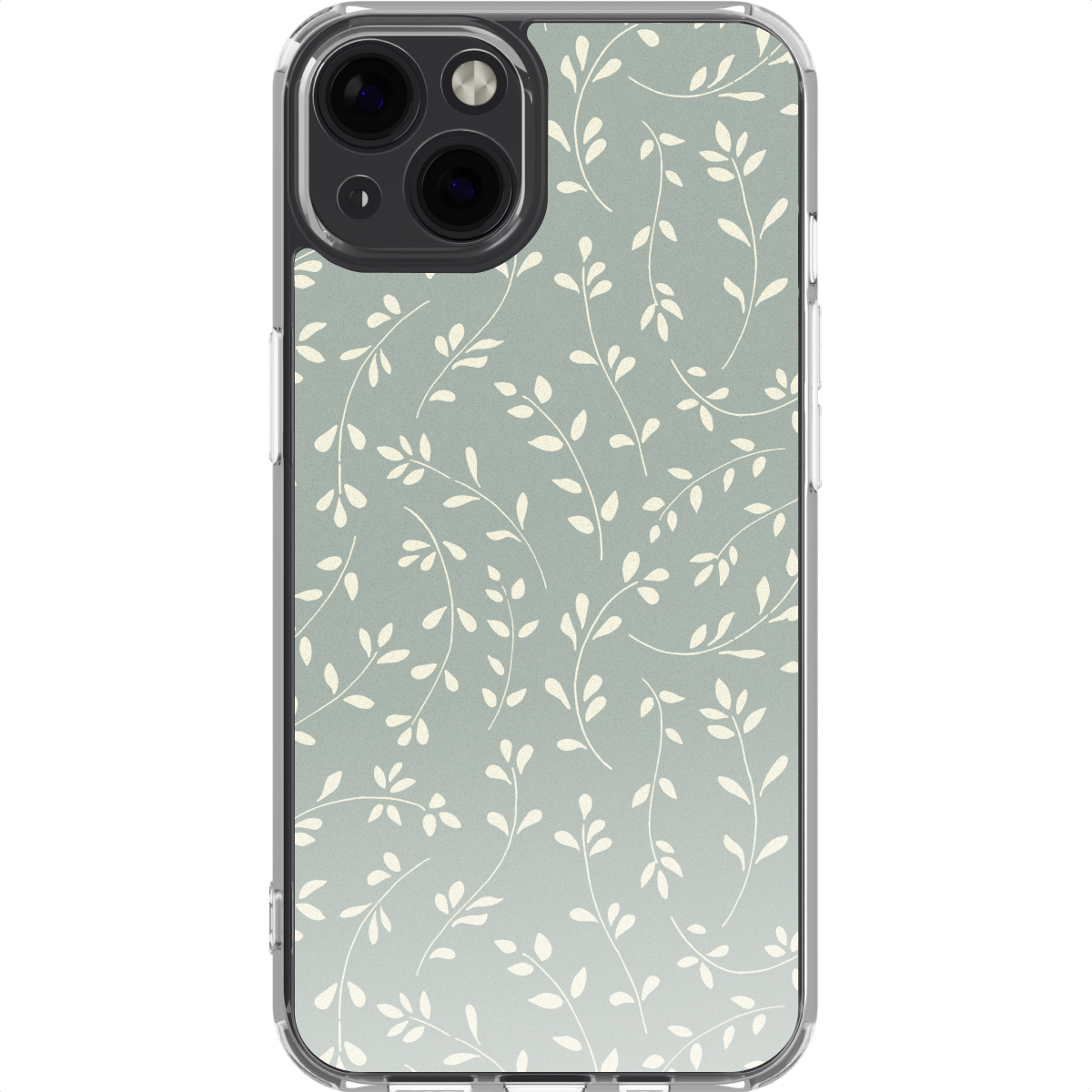 Una custodia per iPhone con motivo floreale. Sfondo verde chiaro con foglie e steli bianchi. Bordo trasparente.