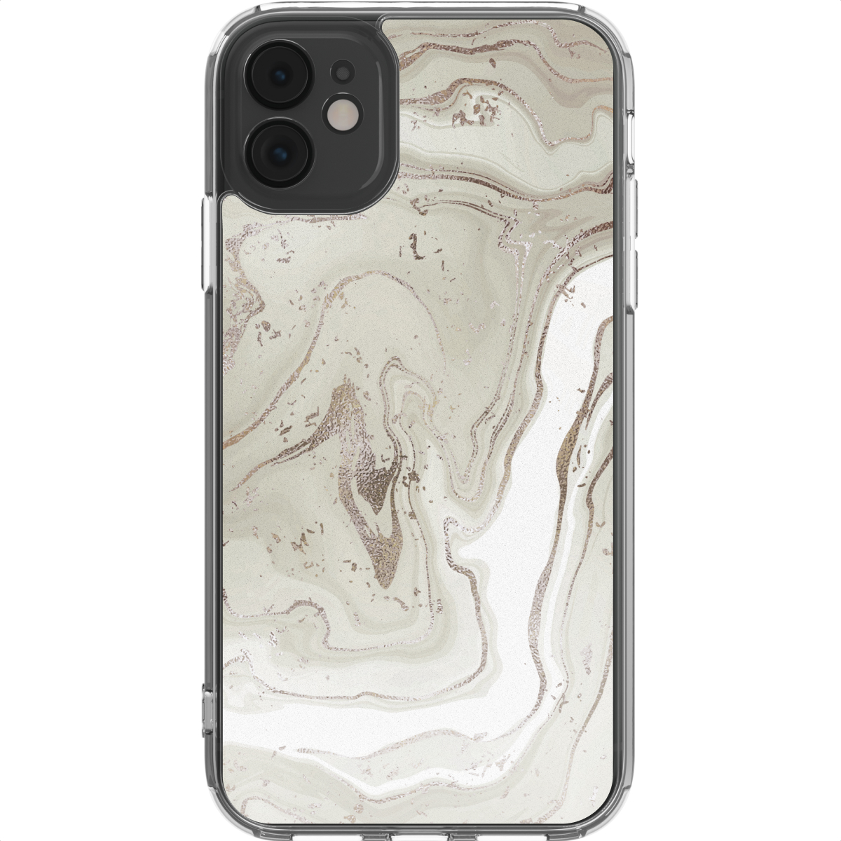 Een iPhone-hoesje met marmerdesign. Het ontwerp heeft wervelingen van wit, beige en roségoud. Het heeft een transparant beschermframe.