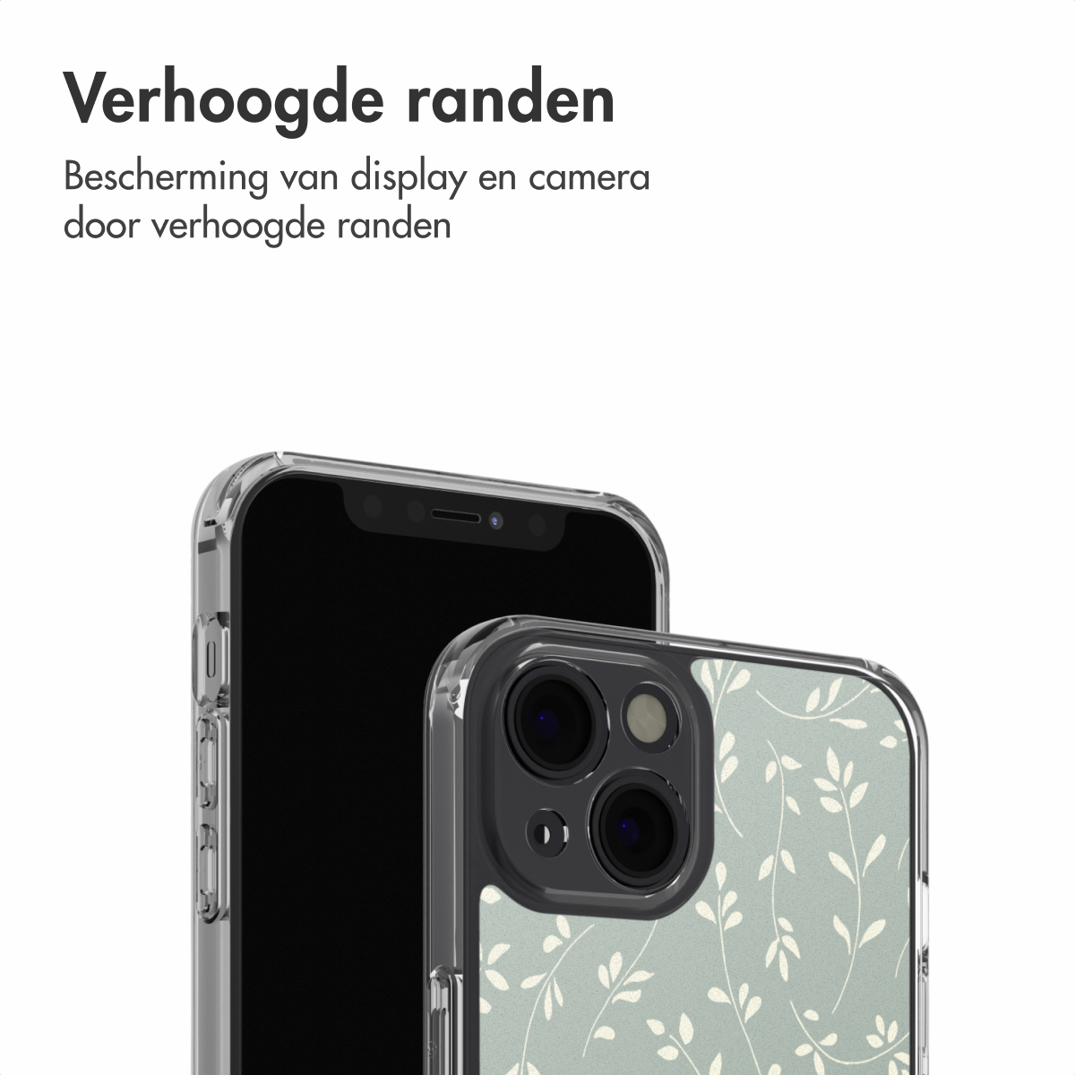 Due smartphone, uno con custodia trasparente, l'altro con custodia a motivi di foglie. Testo: 'I bordi rialzati proteggono lo schermo e la fotocamera.'