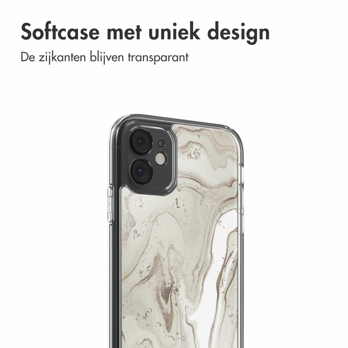 Close-up van een telefoonhoesje met een marmer ontwerp. De hoes is transparant met een patroon van wit, grijs en goud. De camera van de telefoon is zichtbaar.