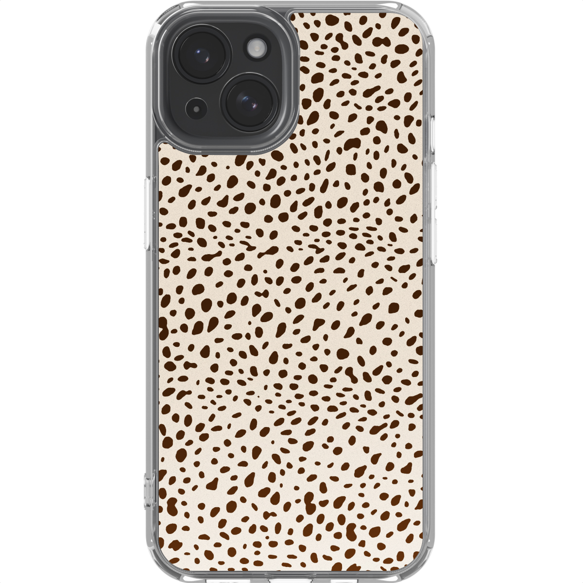 Een smartphonehoesje met een doorzichtig frame. De achterkant heeft een crème achtergrond met bruine onregelmatige vlekken.