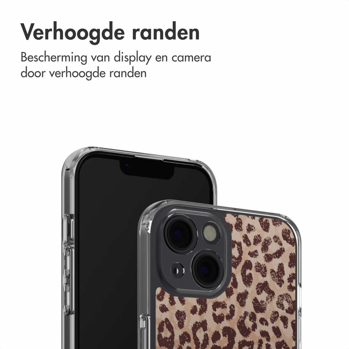 Deux smartphones avec des étuis transparents. Un étui a un imprimé léopard. Le haut de l'image contient du texte en néerlandais.