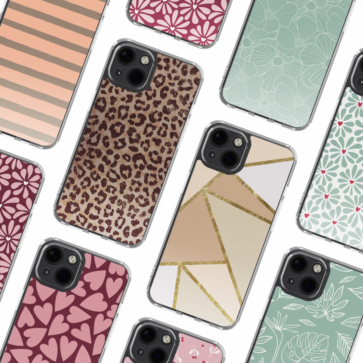 Collezione di custodie per telefoni con vari design: stampa leopardata, motivi floreali, forme geometriche e cuori, su sfondo bianco.