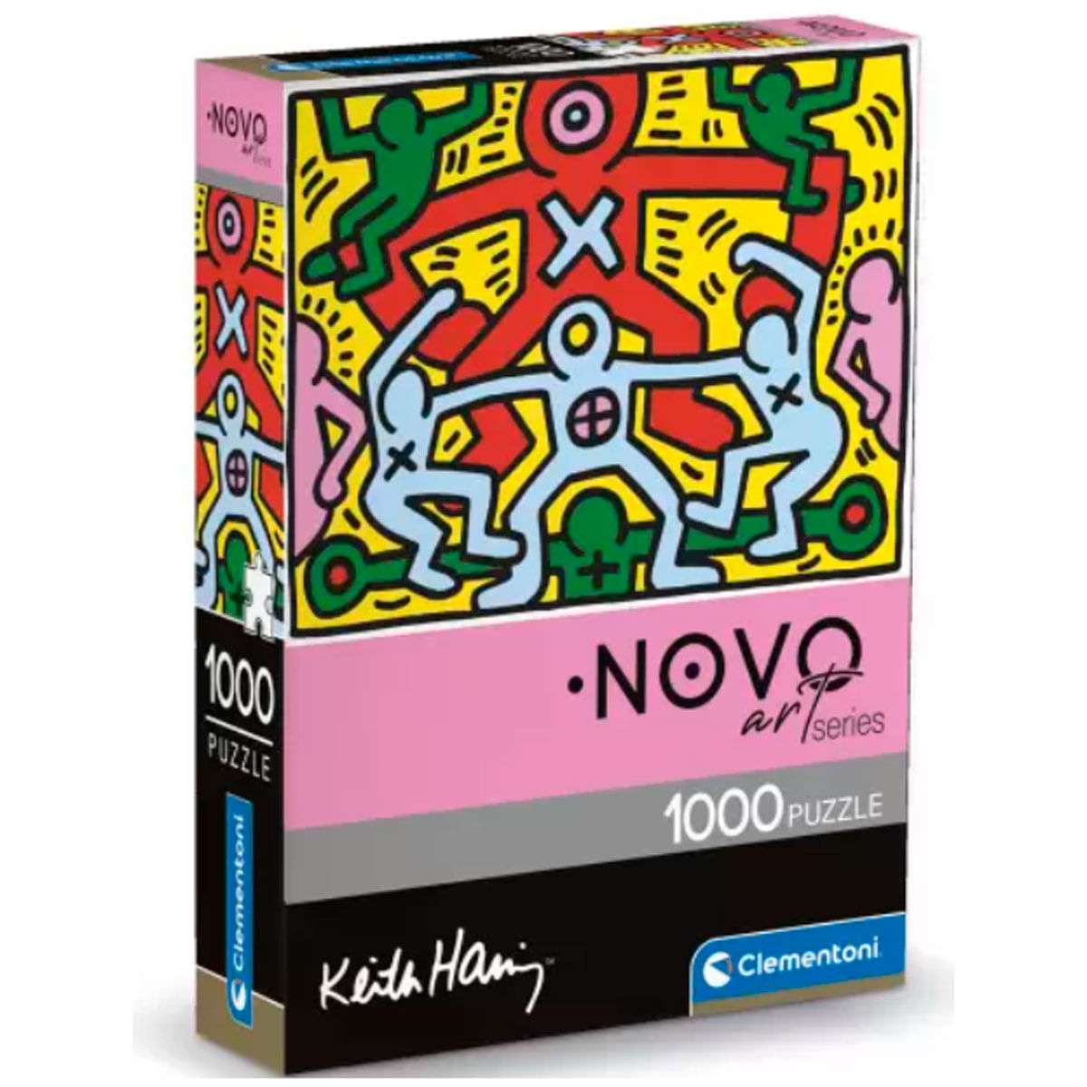 Caja de rompecabezas con arte de Keith Haring. Presenta figuras danzantes, colores llamativos y la marca 'Novo'. La caja es rosa, negra y blanca.