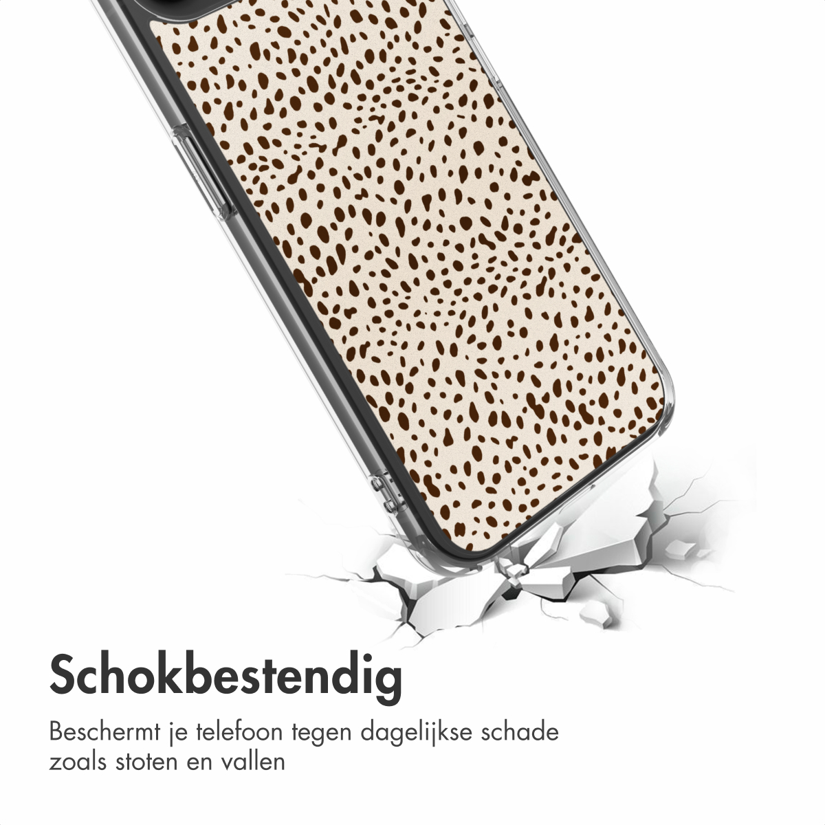 Telefoonhoesje met bruine stippen op een beige achtergrond, dat een wit oppervlak breekt. Tekst eronder: 'Schokbestendig'.