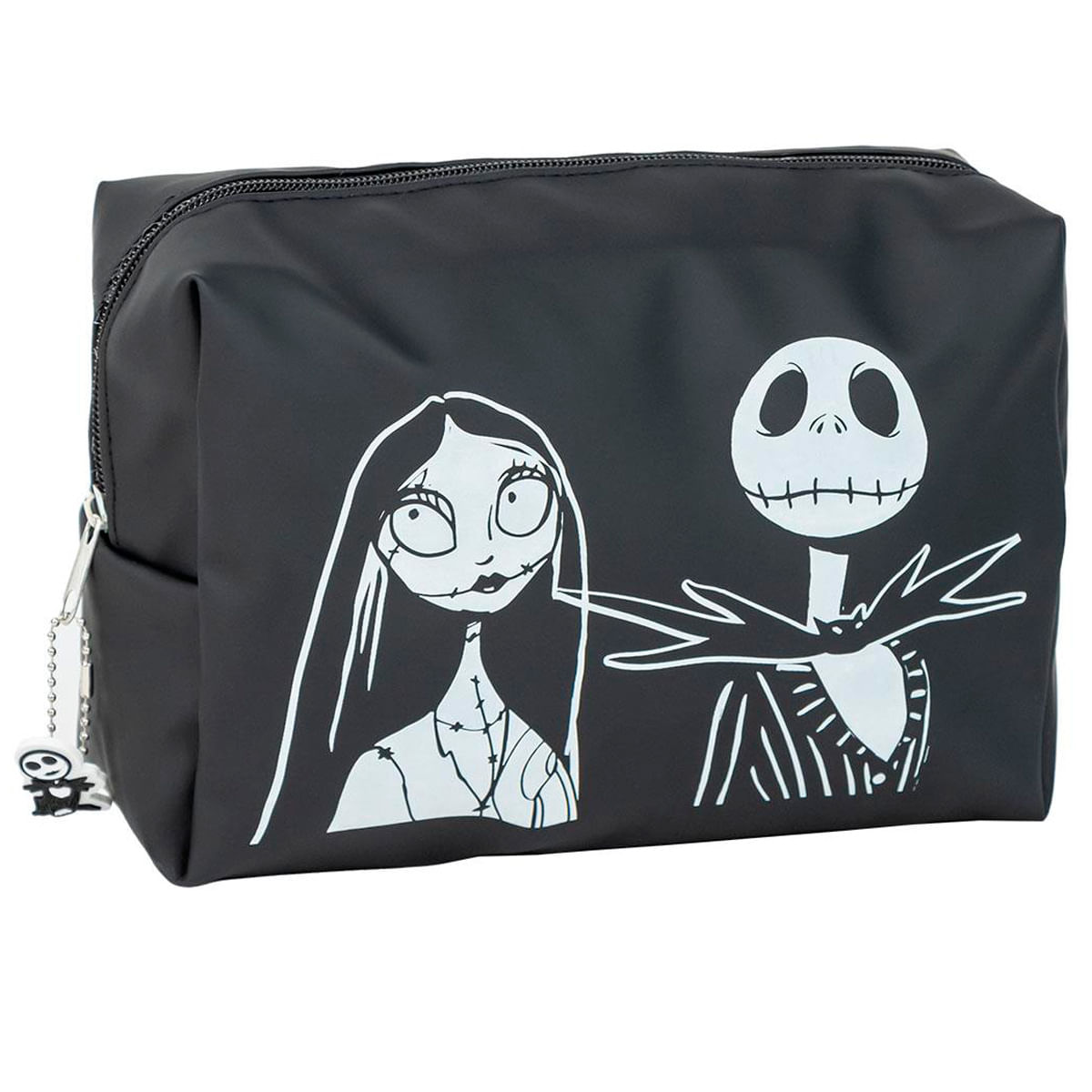 Bolsa de cosméticos negra con Sally y Jack Skellington de The Nightmare Before Christmas, con cremallera y un charm.