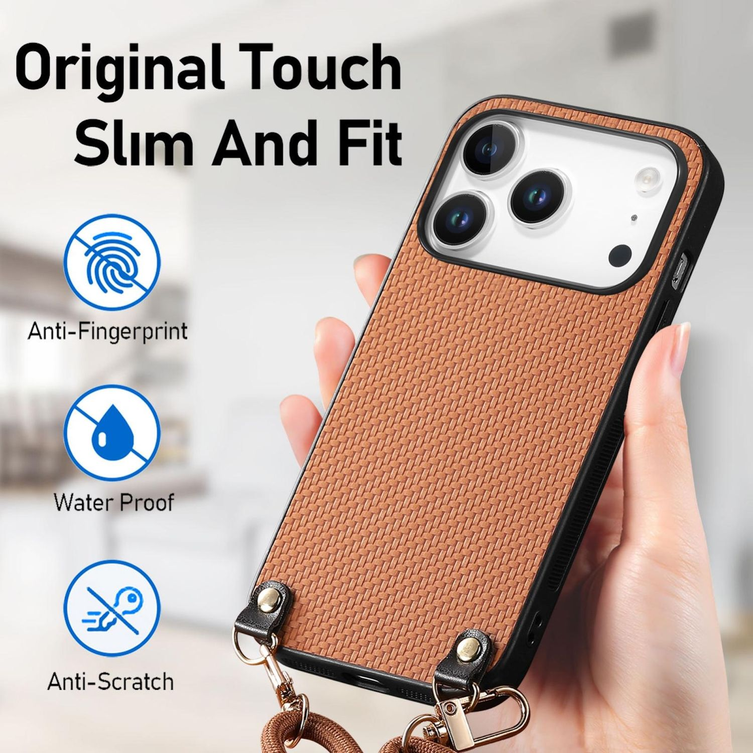 Ein braunes Handycase mit gewebter Textur wird von einer Hand gehalten. Es hat einen Riemen und Symbole für Anti-Fingerabdruck, wasserdicht und kratzfest.