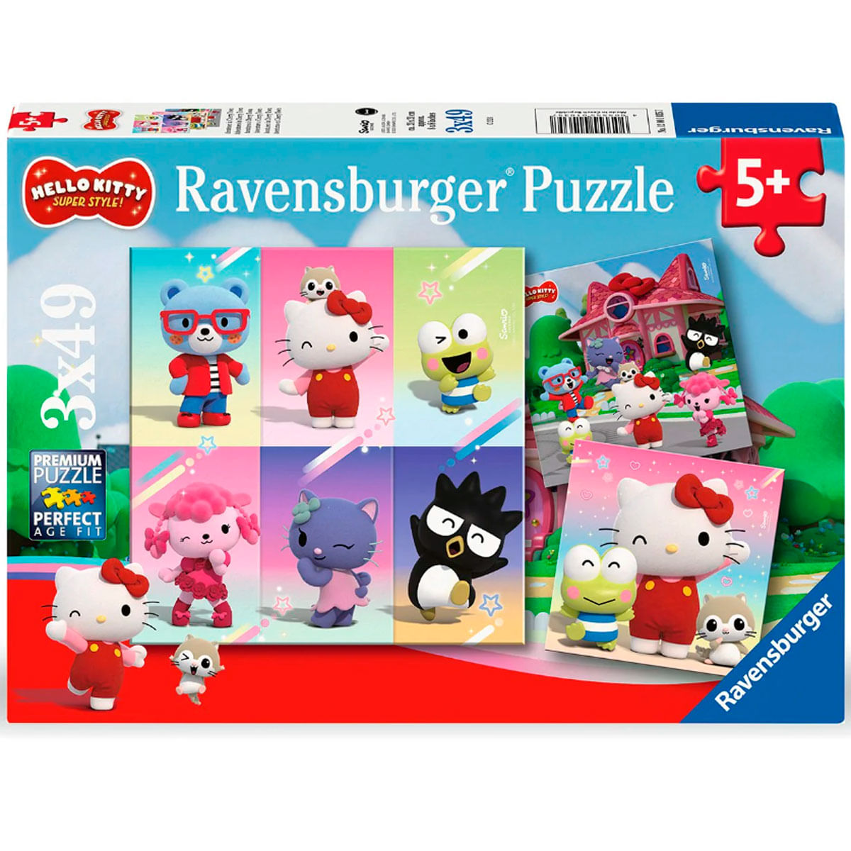 Pudełko z puzzlami Hello Kitty Ravensburger. Pokazuje wiele postaci Hello Kitty, z czerwoną kokardką i innymi postaciami z kreskówek.