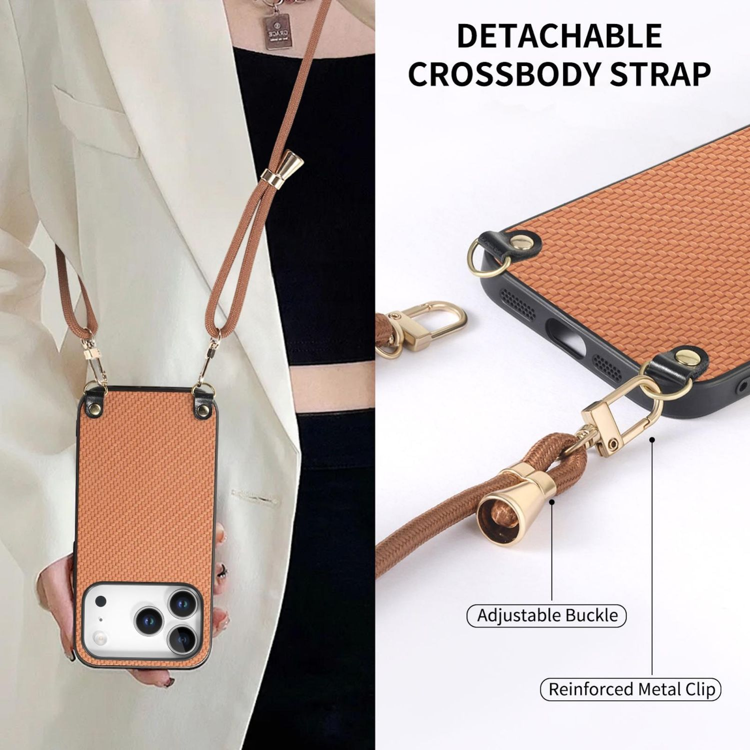 Eine Person hält eine Handyhülle mit Umhängeband. Die Hülle ist braun und hat eine gewebte Textur. Der Text rechts lautet 'Abnehmbarer Crossbody-Gurt'.