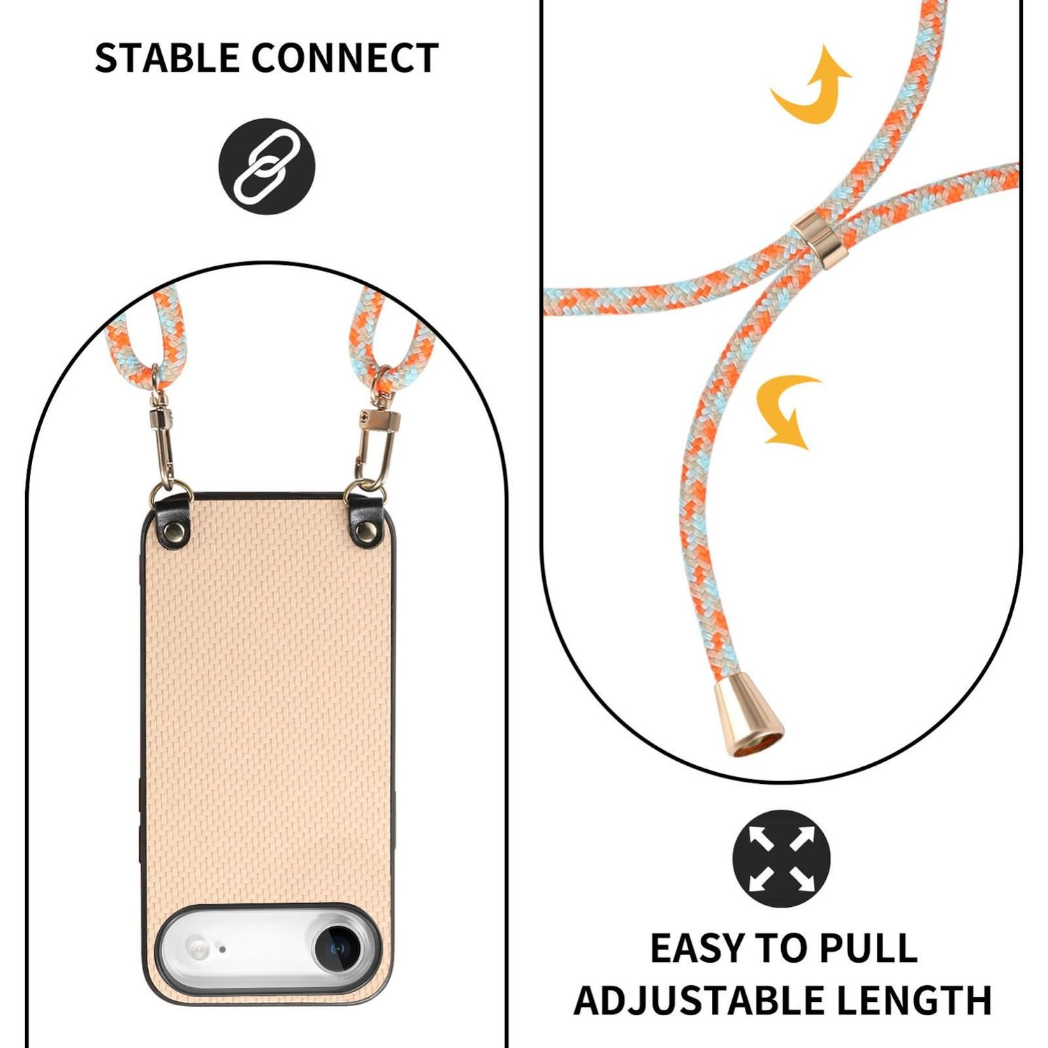 Ein Telefonetui mit einem Schlüsselband. Das Schlüsselband ist orange, blau und weiß. Das Telefonetui ist beige mit einer Kamera.