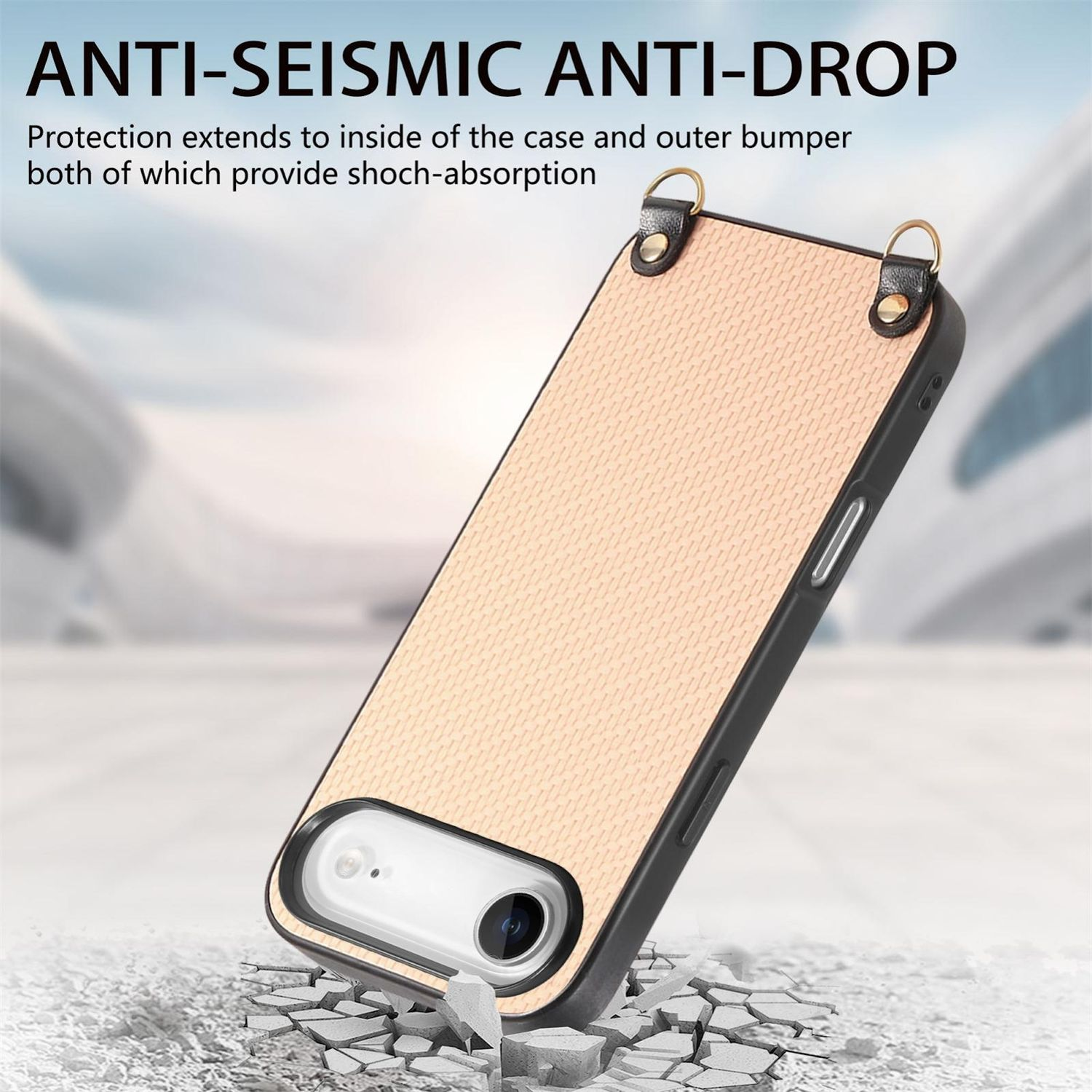 Gezeigt wird eine Handyhülle mit Anti-Drop- und Anti-Erdbeben-Design. Die Hülle ist beige und schwarz, mit strukturierter Rückseite und Metallringen.