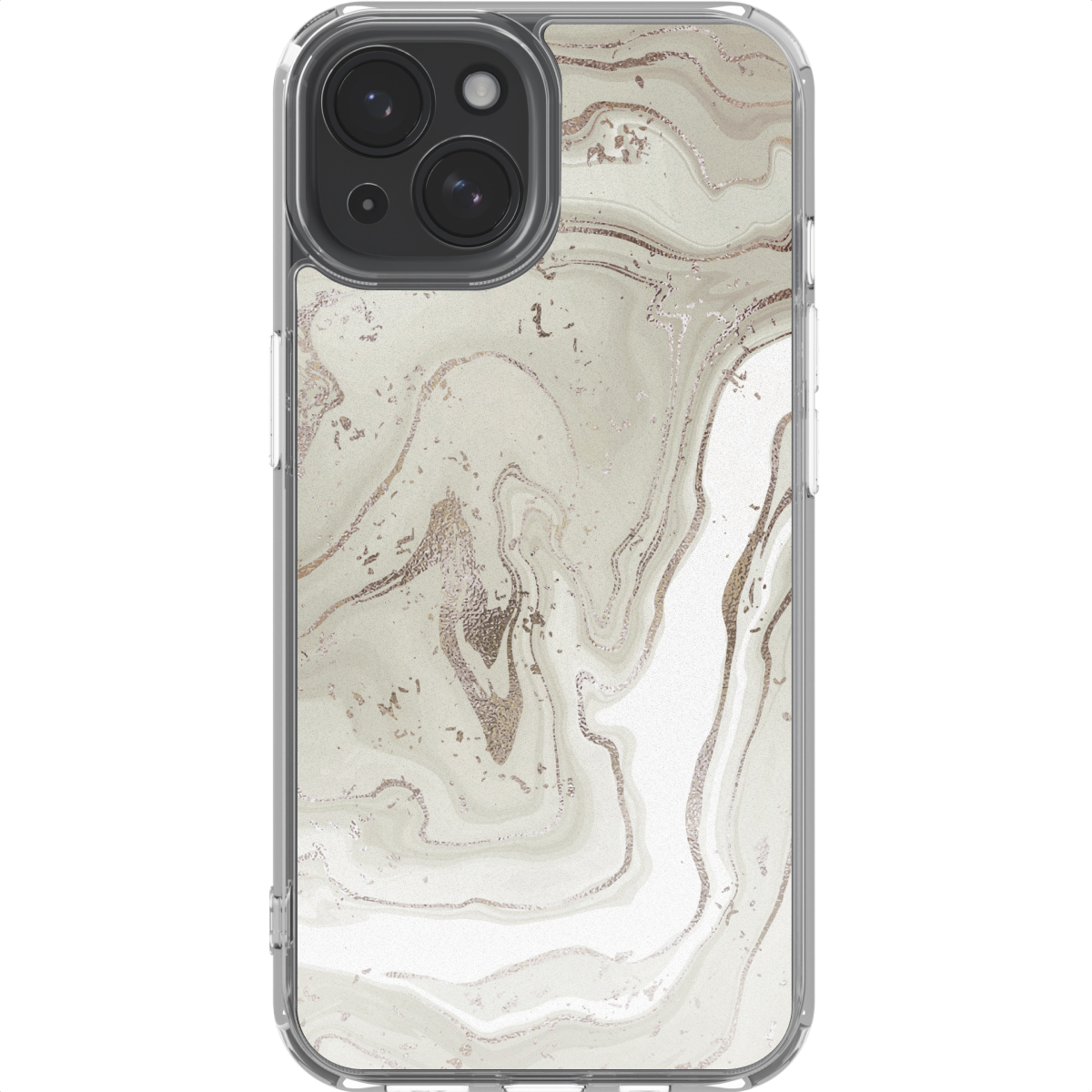 Een telefoonhoesje met een marmerpatroon. Wervelingen van wit, grijs en goud. De camera van de telefoon is zichtbaar.