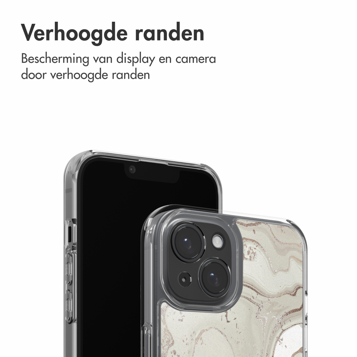 Er worden twee telefoons getoond, de ene voor de andere, beide in transparante beschermhoezen. De hoezen hebben verhoogde randen.