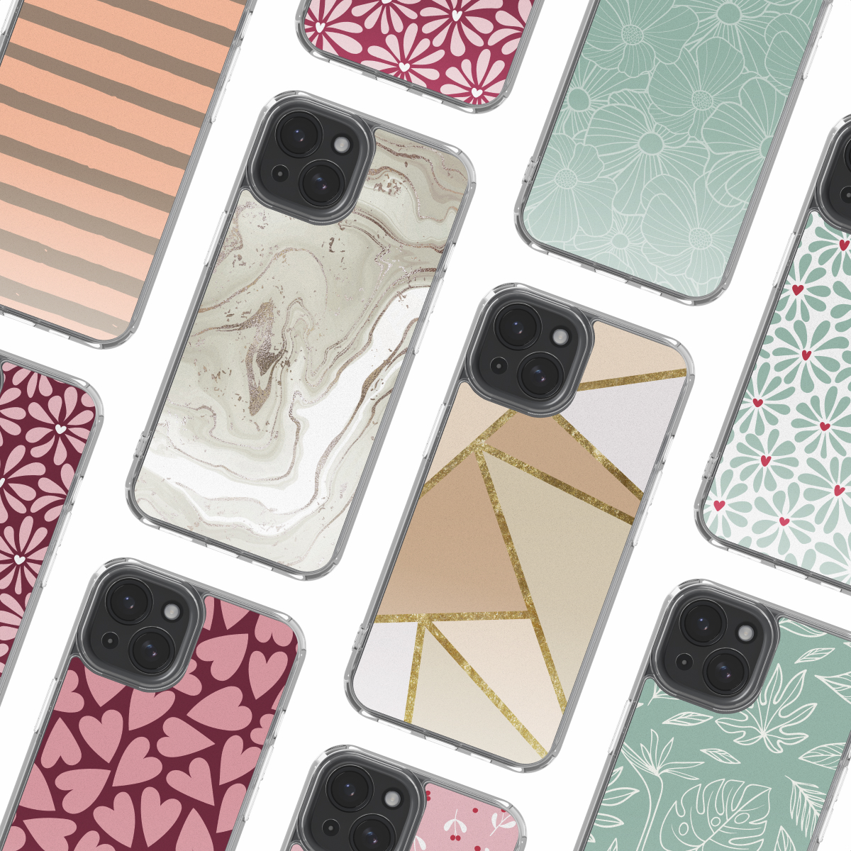 Verschillende telefoonhoesjes met verschillende ontwerpen worden weergegeven. Patronen zijn onder meer marmer, geometrische vormen en bloemmotieven. De hoesjes staan op een witte achtergrond.