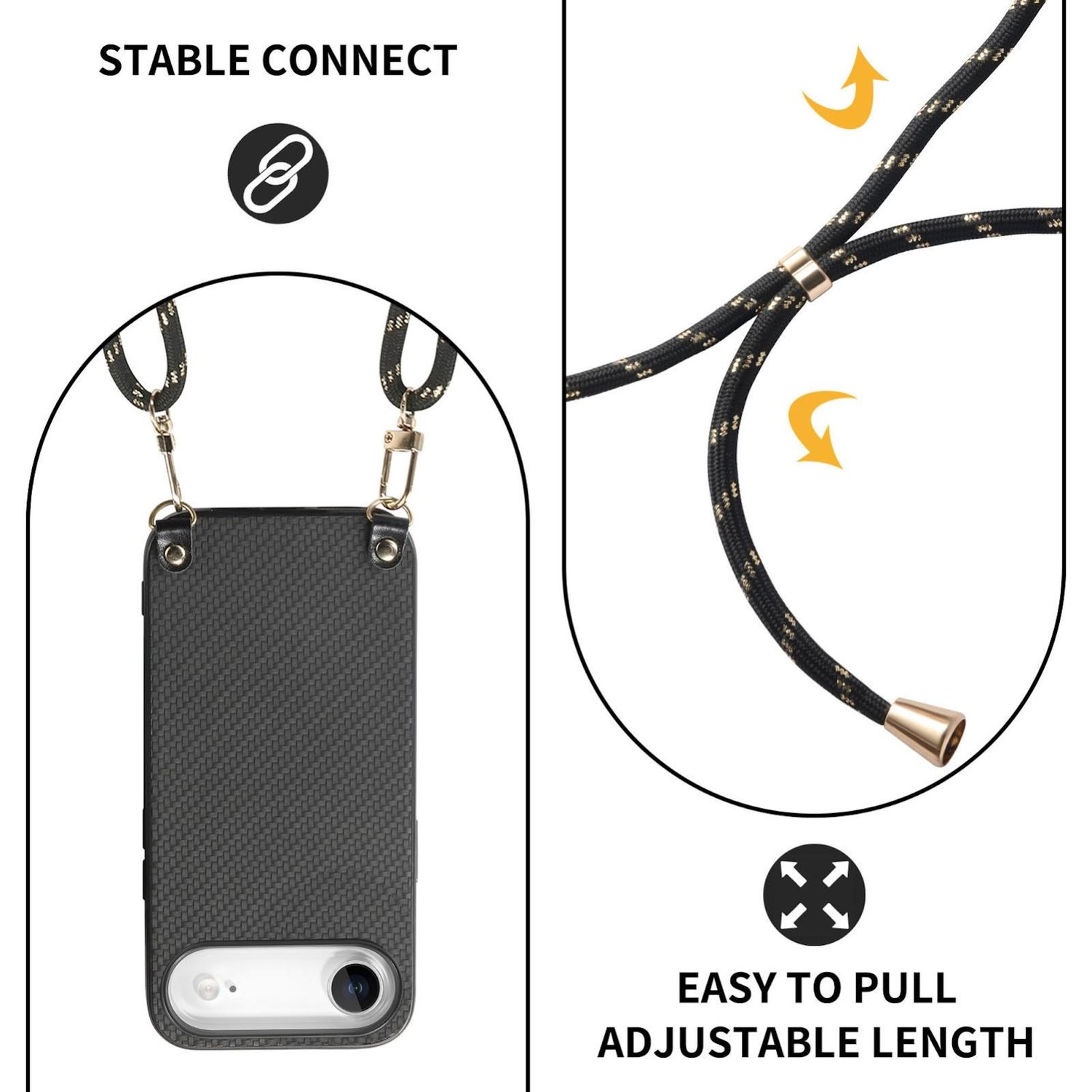 Una funda de teléfono con correa de cuerda negra y dorada. Texto: Conexión estable, fácil de tirar, longitud ajustable. Flechas muestran movimiento.