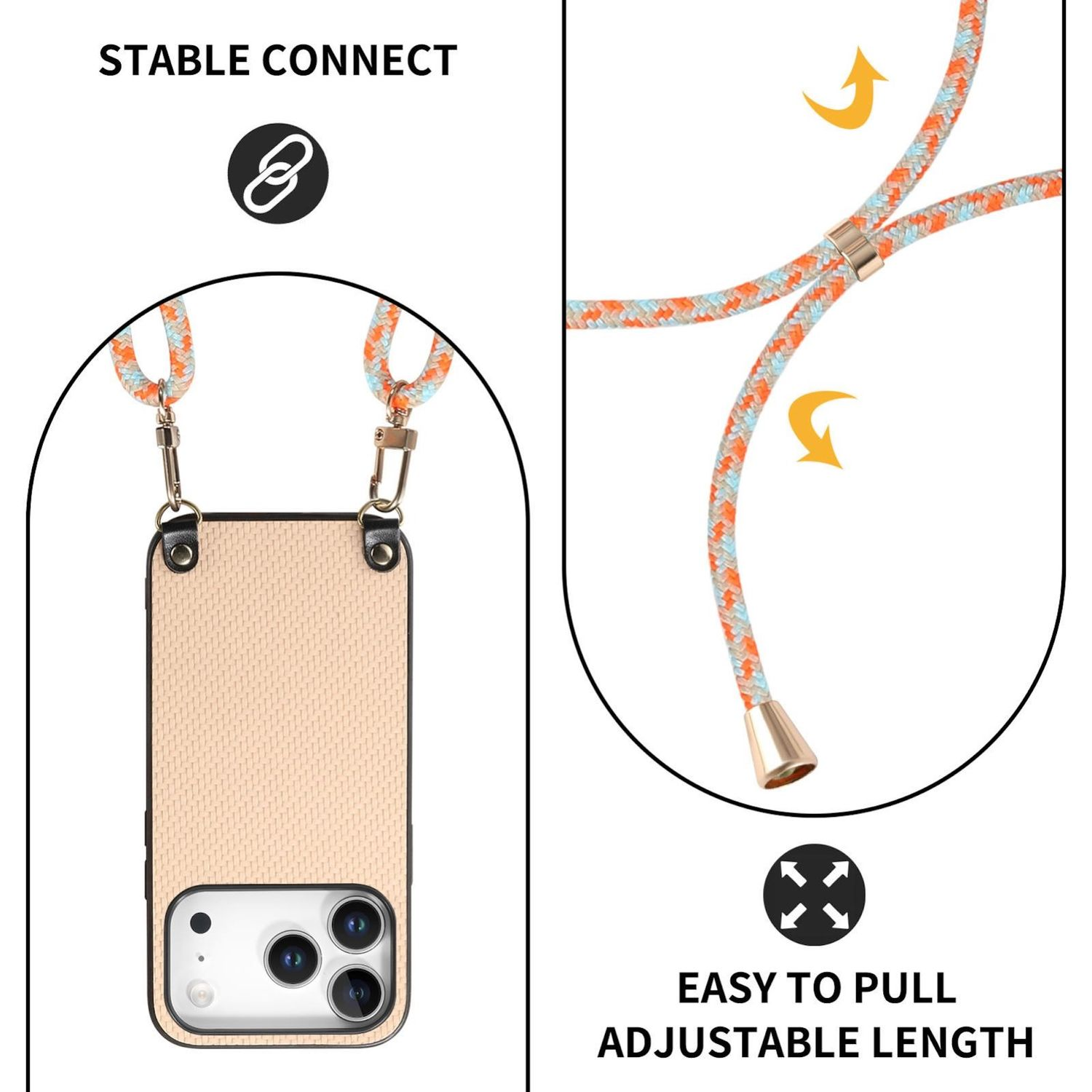 Eine Handyhülle mit einem Umhängeband. Das Umhängeband ist orange und blau. Text: Stable Connect, Easy to Pull, Adjustable Length.