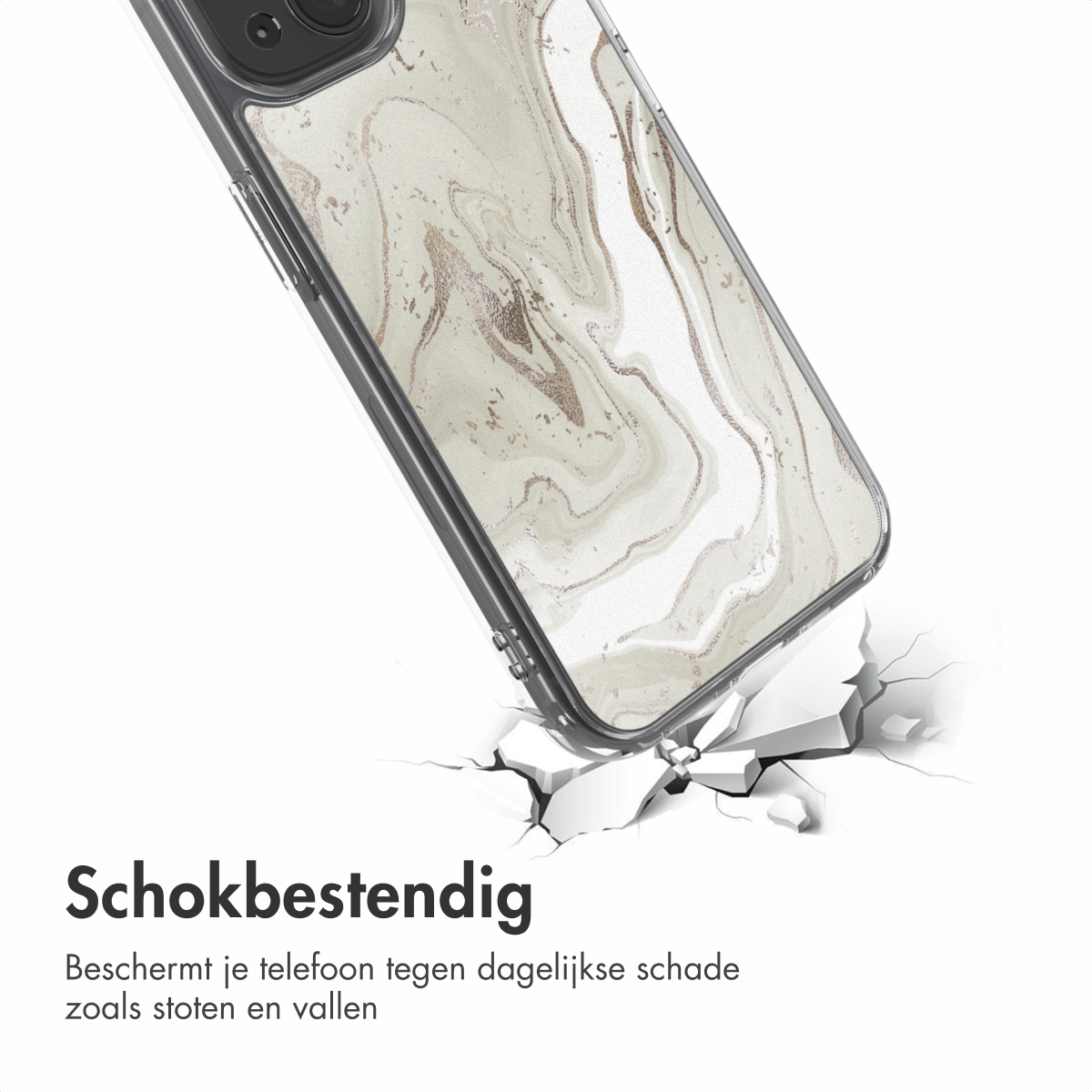 Een telefoonhoesje met een marmerontwerp wordt getoond. De hoes breekt de grond. De tekst 'Schokbestendig' is zichtbaar.