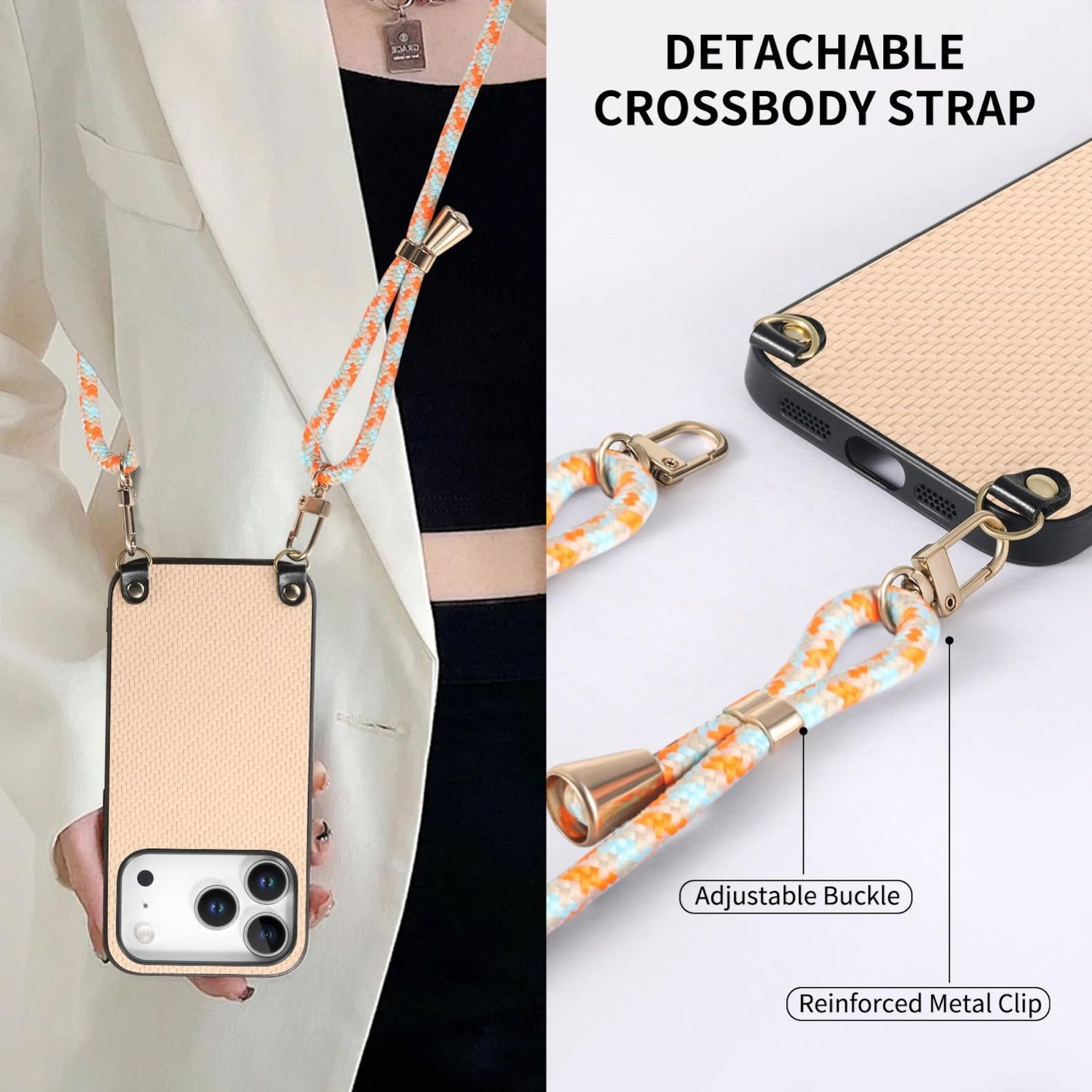 Eine Frau hält ein Telefon mit einem Umhängeband. Die Handyhülle ist beige und der Riemen ist orange, blau und weiß.