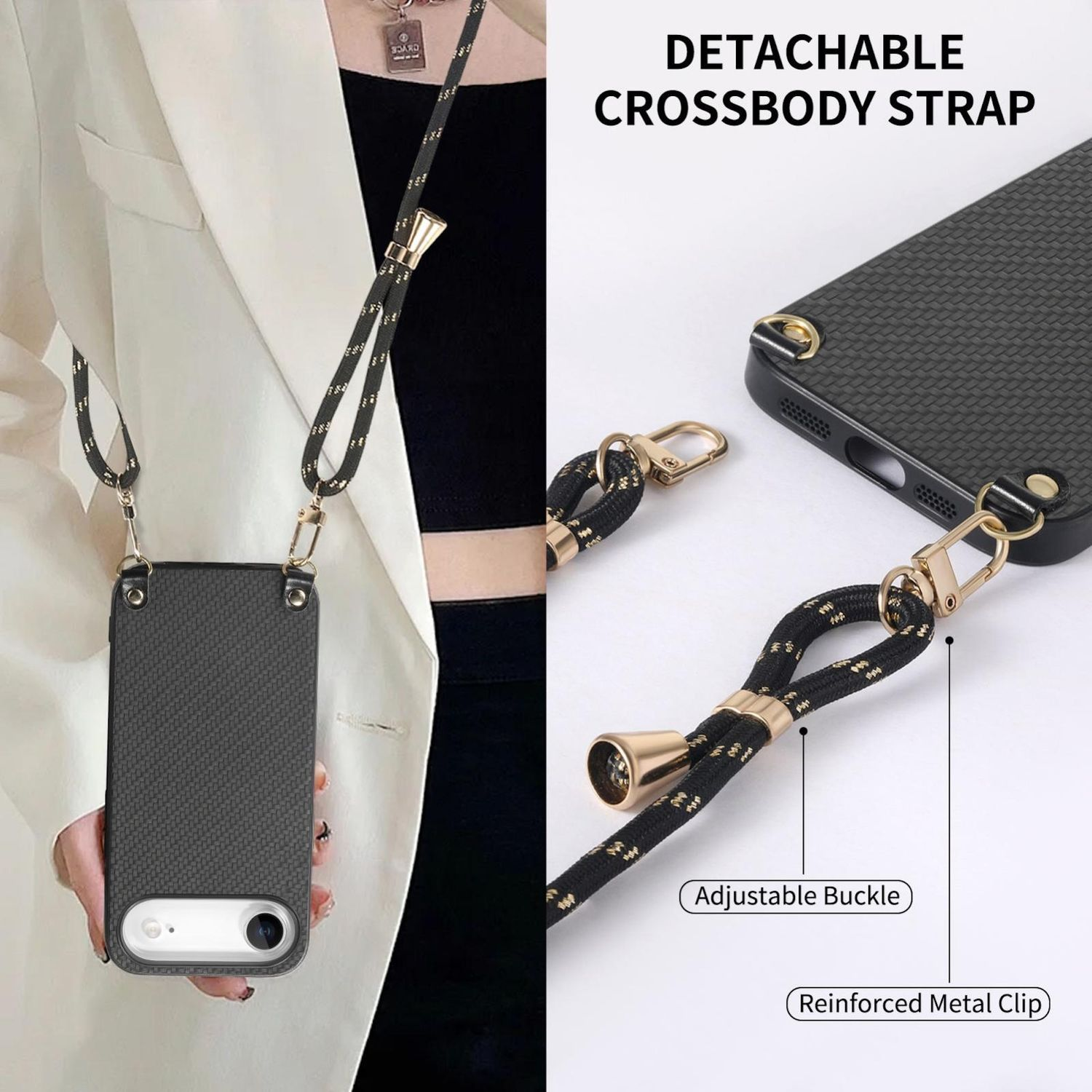 Una mujer sostiene una funda negra para teléfono con una correa cruzada desmontable. La correa es negra con detalles dorados y clips metálicos.