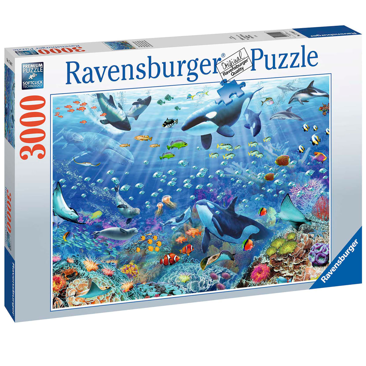 Pudełko z puzzlami Ravensburger przedstawia tętniącą życiem podwodną scenę z orkami, rybami, koralowcami i meduzami. Puzzle mają 3000 elementów.