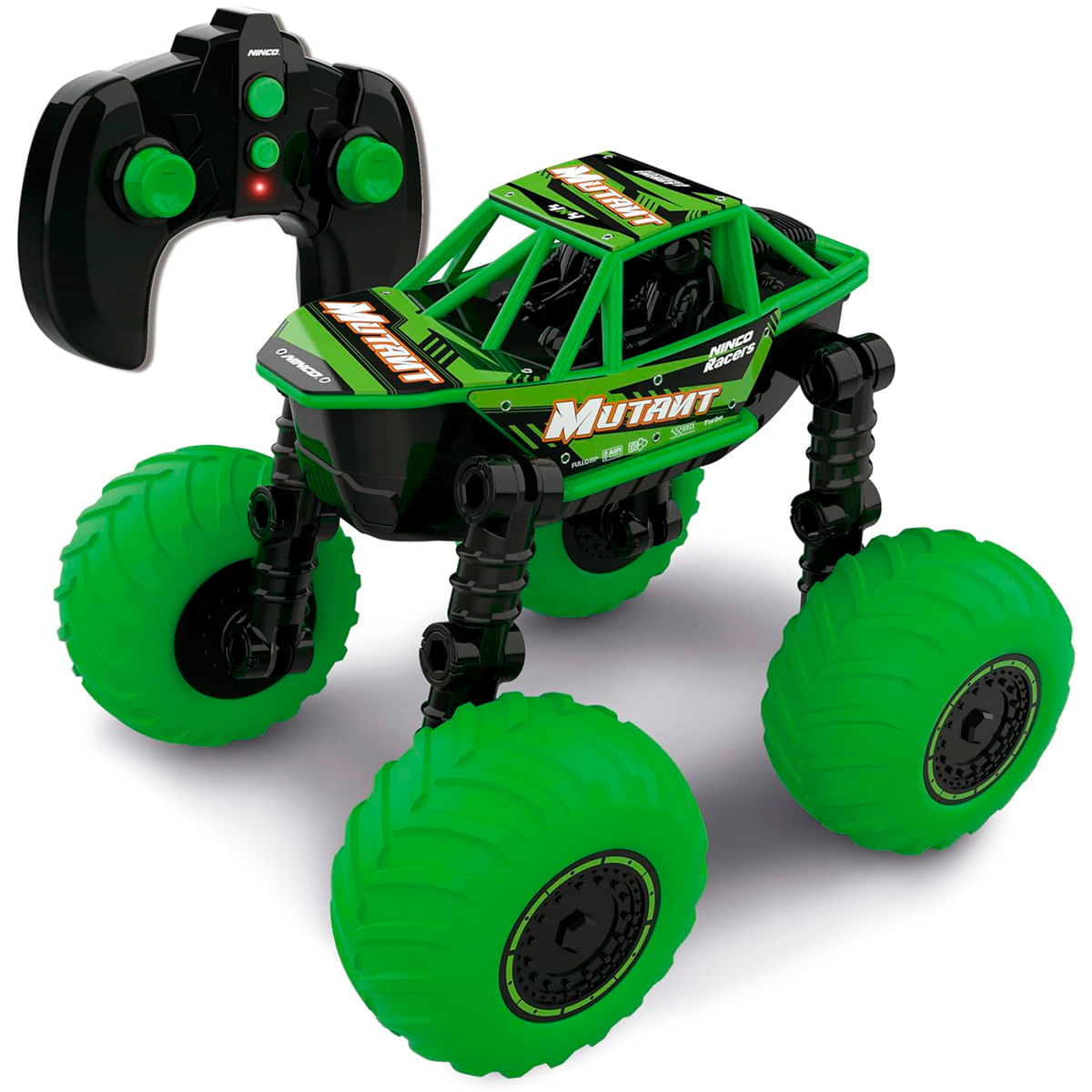 Un camión monstruo teledirigido verde y negro con ruedas verdes grandes y un mando a distancia negro.