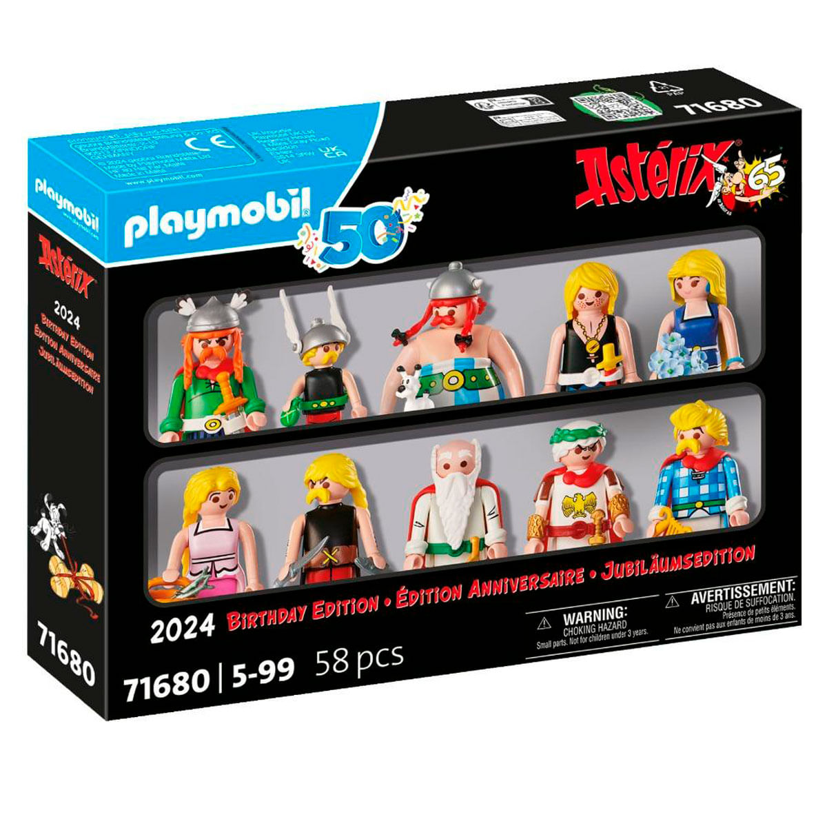 Ein Playmobil-Set mit Asterix-Figuren. Das Set enthält verschiedene Figuren in einer schwarzen Box mit Text und Logos.