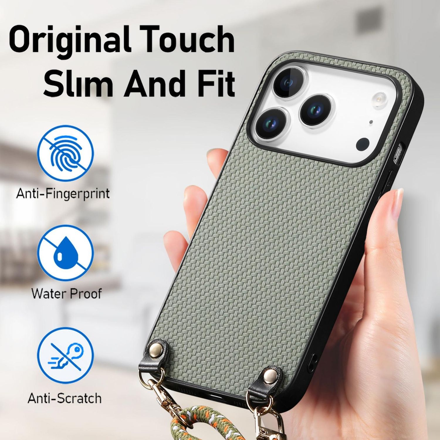 Eine Hand hält ein Telefon mit einer grünen Hülle. Eigenschaften: Anti-Fingerabdruck, wasserdicht und kratzfest. Text: Original Touch Slim And Fit.