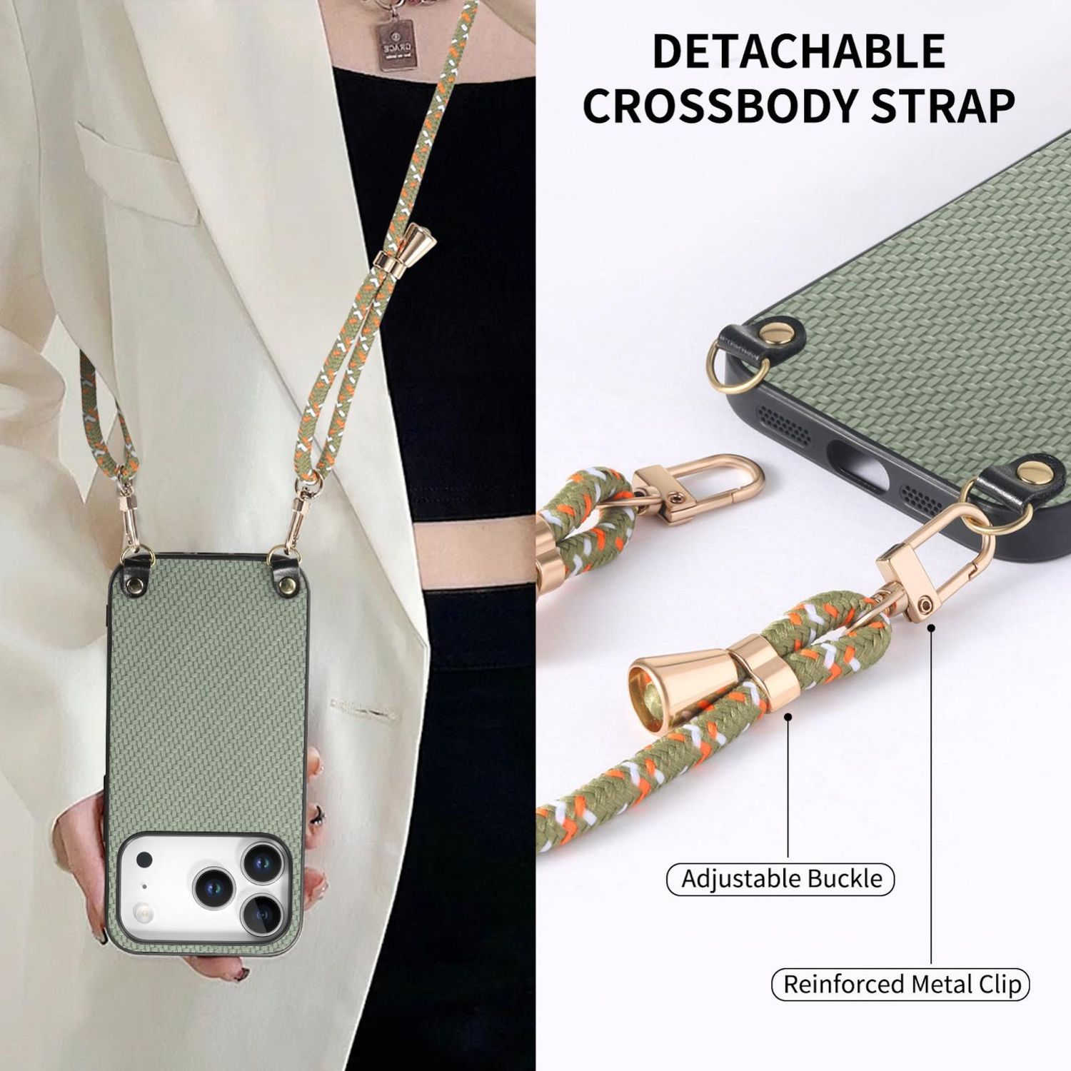 Eine Person hält eine Handyhülle mit abnehmbarem Crossbody-Gurt. Die Hülle ist grün, mit einem strukturierten Muster. Der Gurt hat eine verstellbare Schnalle.