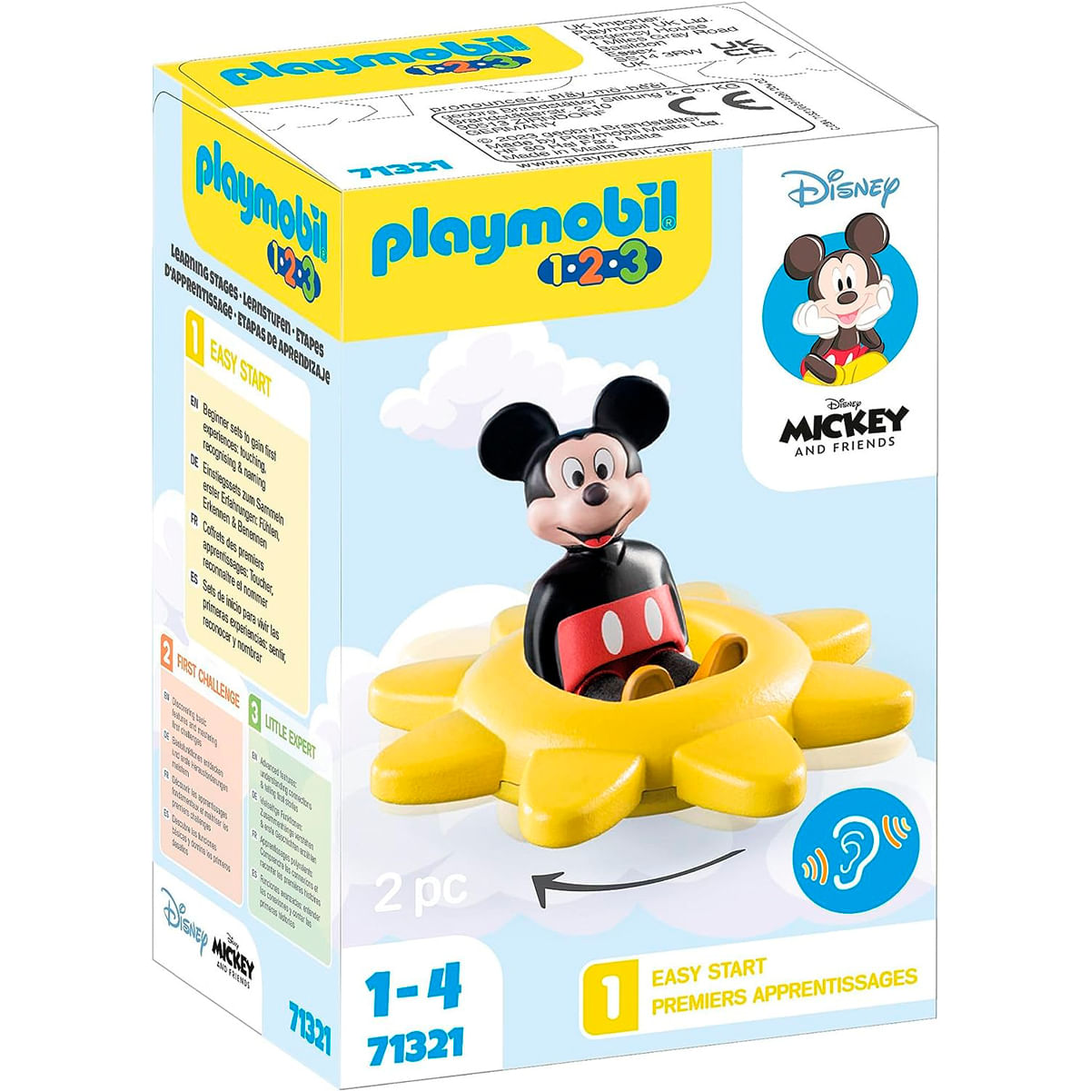 Una caja de Playmobil con un juguete de Mickey Mouse en un vehículo amarillo con forma de sol. La caja tiene logotipos de Disney y Playmobil.