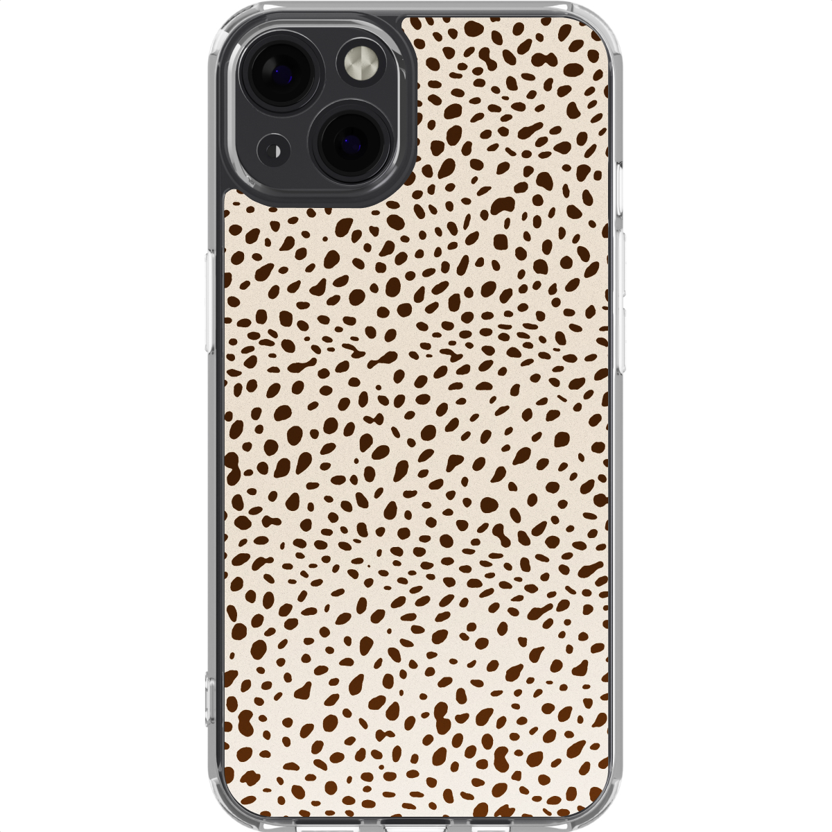 Une coque iPhone avec une bordure transparente et un fond beige recouvert de taches marron foncé. La coque a une découpe pour l'appareil photo.