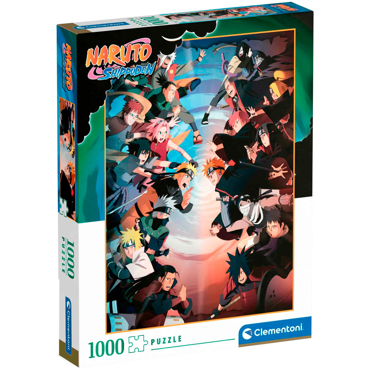 Naruto Shippuden Puzzleschachtel. Charaktere stehen sich in einer farbenfrohen Szene mit Actionposen gegenüber. Die Box hat Puzzle- und Markendetails.