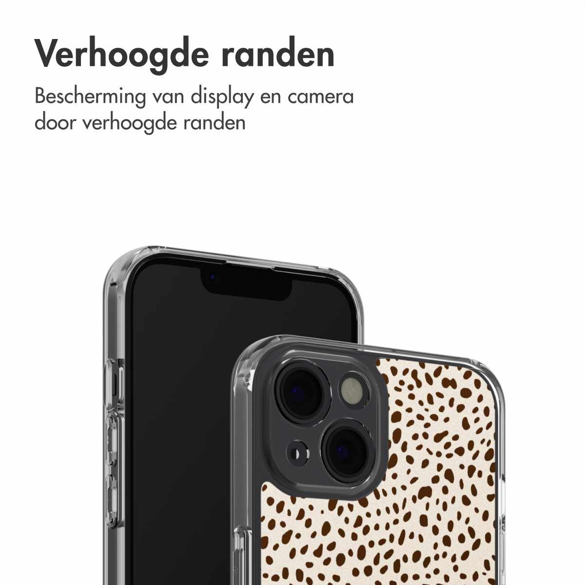 Deux smartphones avec des étuis de protection, un avec un étui transparent, l'autre avec un motif tacheté marron et blanc. Texte au-dessus.