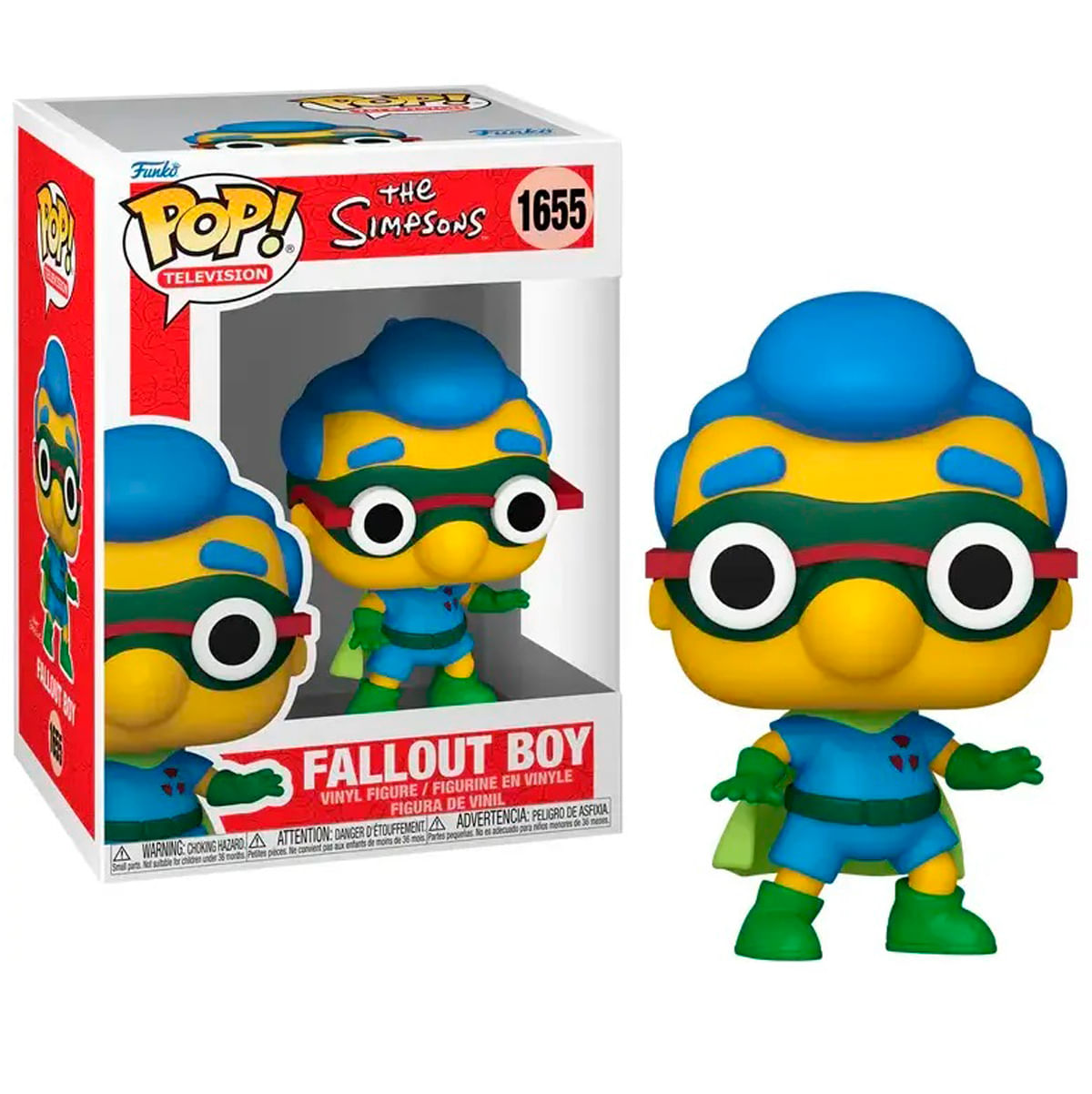 Figurka Funko Pop Fallout Boy. Ma niebieskie włosy, żółtą twarz, zieloną maskę/pelerynę, czerwone okulary i niebieski strój.