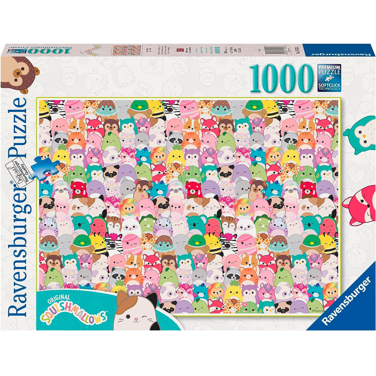 Un rompecabezas Ravensburger de 1000 piezas con coloridos personajes Squishmallows. La caja muestra el rompecabezas completo con caras de animales de peluche.