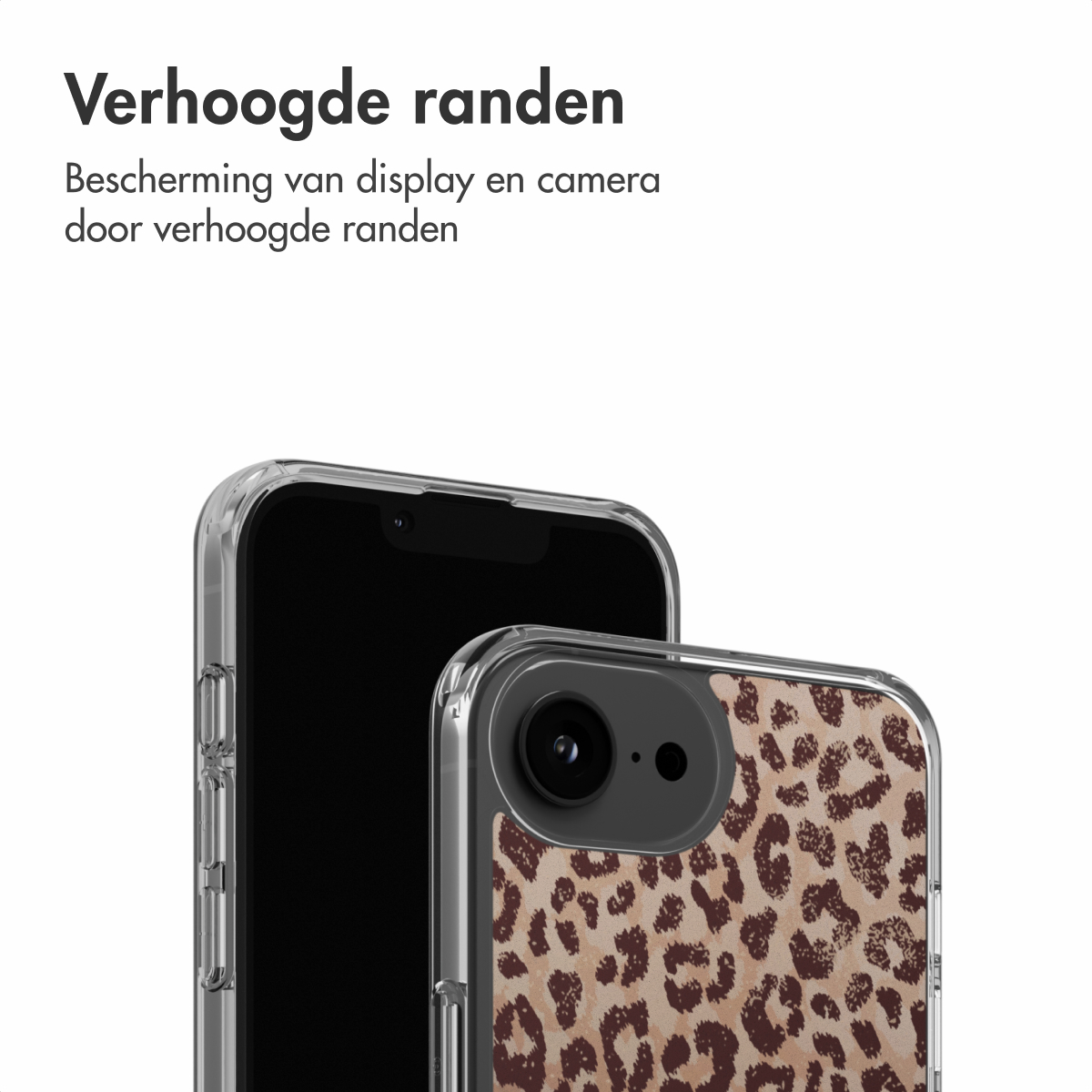 Twee smartphones, één met een luipaardprint hoesje en de andere zwart. Beide hebben transparante, verhoogde randen voor bescherming.