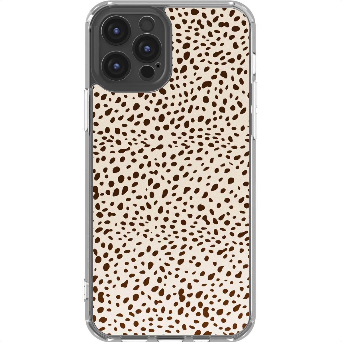 Custodia per iPhone con motivo a pois marroni su sfondo beige. La custodia ha un bordo trasparente e più lenti della fotocamera.