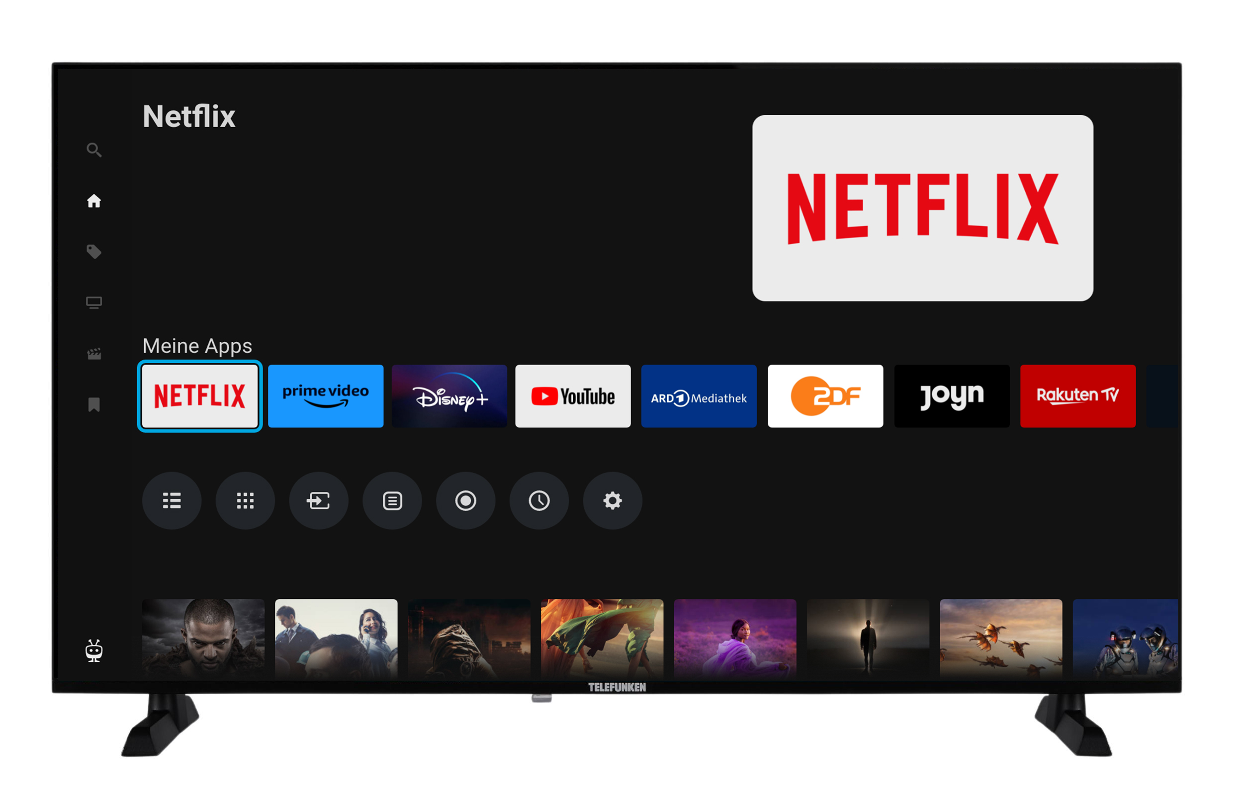 Ein Fernsehbildschirm mit der Netflix-App. Mehrere App-Symbole werden angezeigt, darunter Netflix, Prime Video und YouTube.