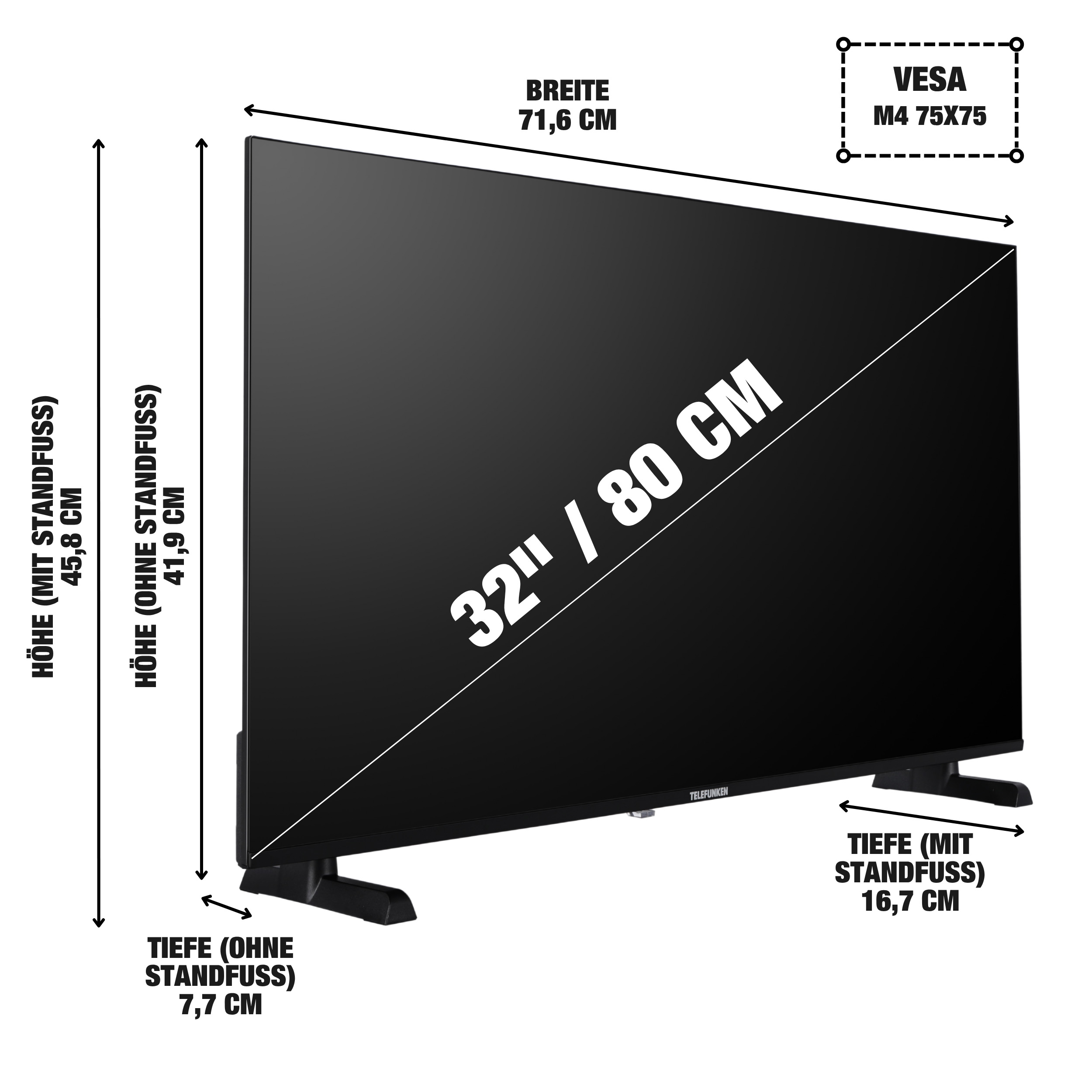 Ein schwarzer Telefunken-Fernseher mit Größenangaben. Größe ist 32"/80 cm. Abmessungen sind: 71,6 cm Breite, 45,8 cm Höhe mit Ständer.