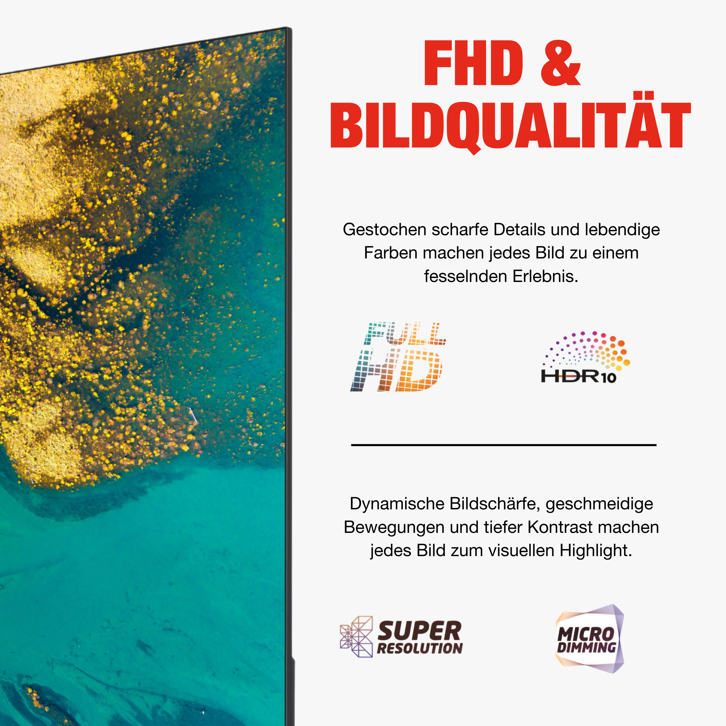 Ein Fernsehbildschirm zeigt Text und Grafiken. Der Text lautet 'FHD & BILDQUALITÄT'. Grafiken weisen auf Videofunktionen hin.