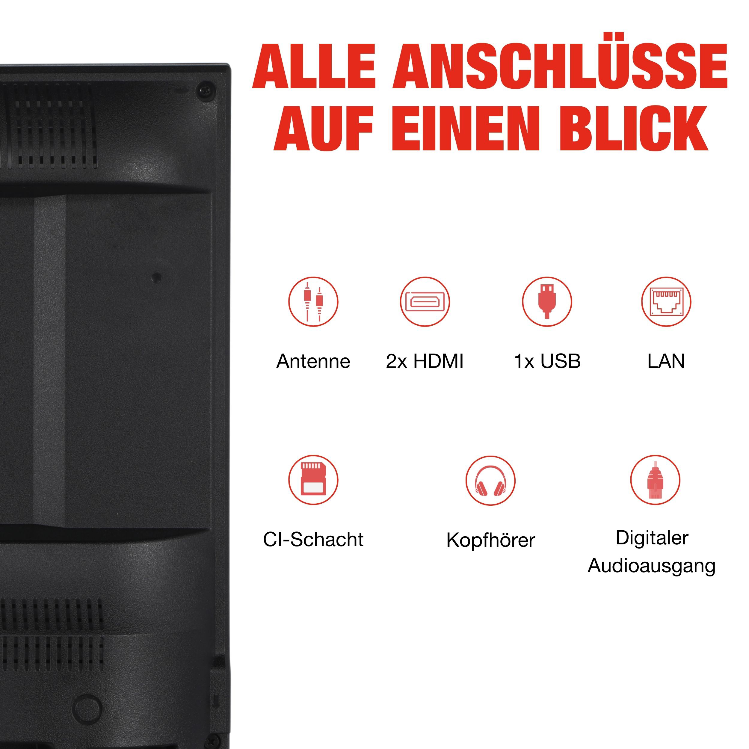 Bild zeigt TV-Anschlüsse: Antenne, HDMI, USB, LAN, CI-Steckplatz, Kopfhörer und digitaler Audioausgang.