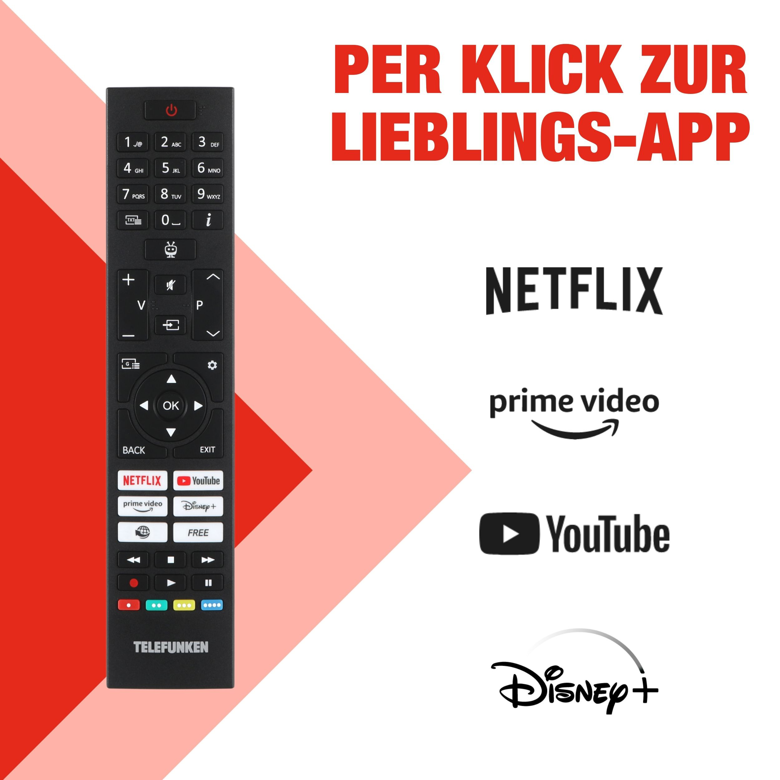 Eine schwarze Telefunken-Fernbedienung mit Tasten für Netflix, YouTube und Disney+ auf rotem und weißem Hintergrund.