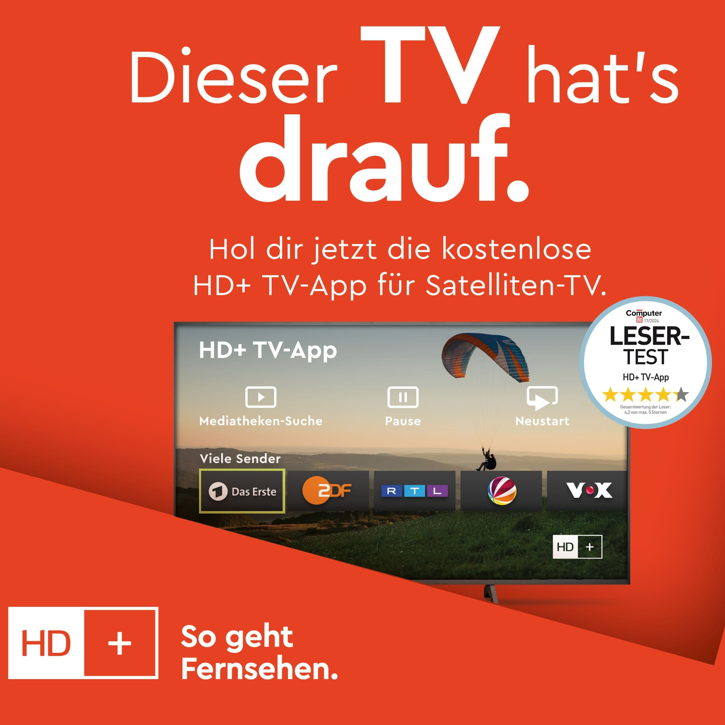 Werbung zeigt TV mit HD+ App, Logos und Gleitschirm. Text sagt 'HD+ TV-App' und 'So geht Fernsehen'.