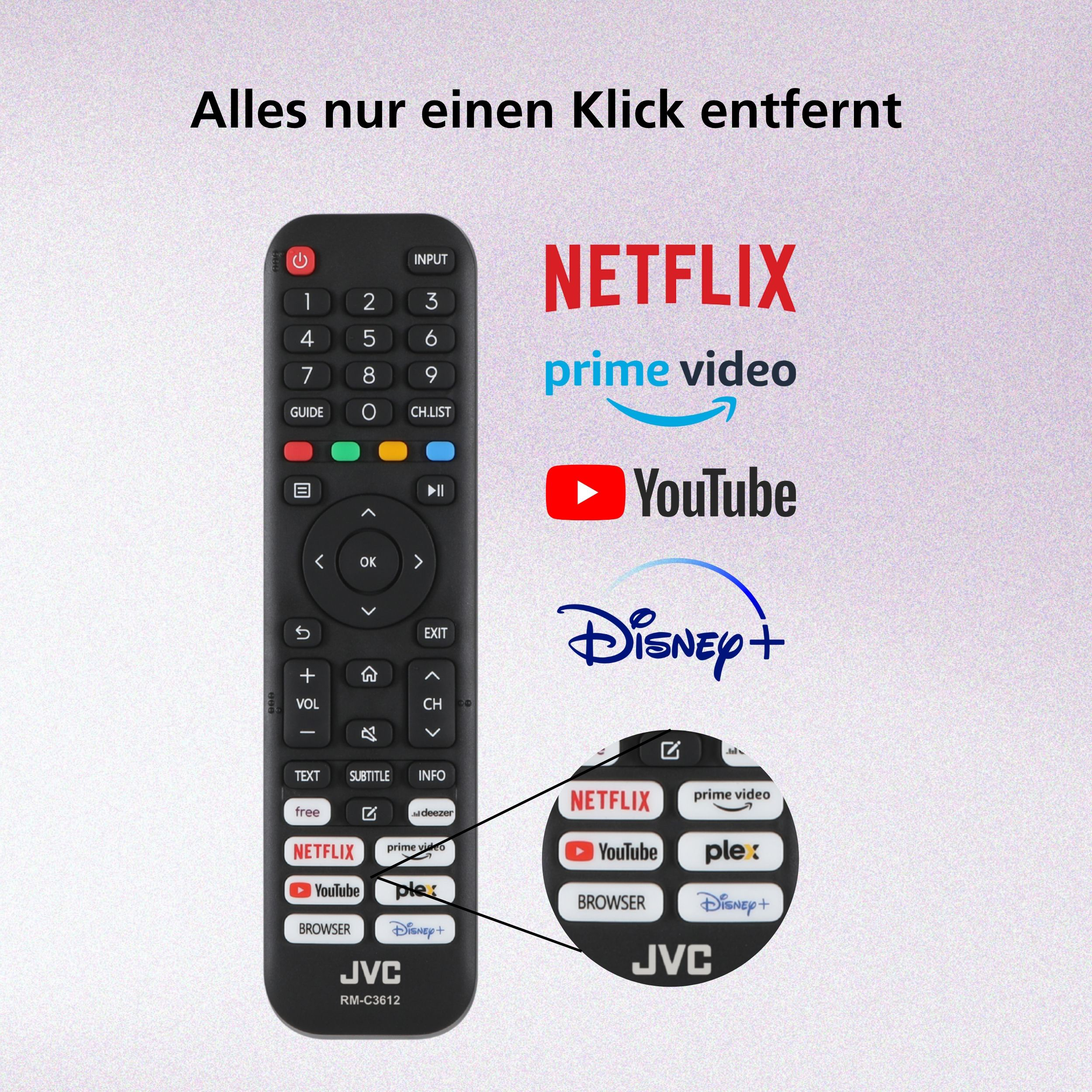 Eine schwarze JVC-Fernbedienung mit Streaming-Diensten, Netflix, Prime Video, YouTube und Disney+.