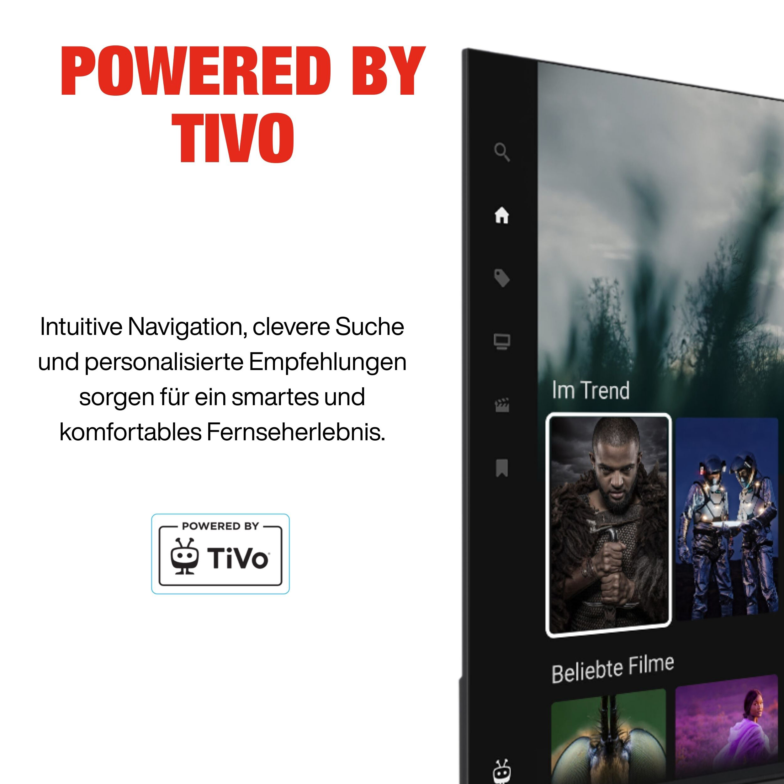 TV-Bildschirm mit Benutzeroberfläche, mit Logo 'Powered by TiVo' und Miniaturansichten von Filmen.