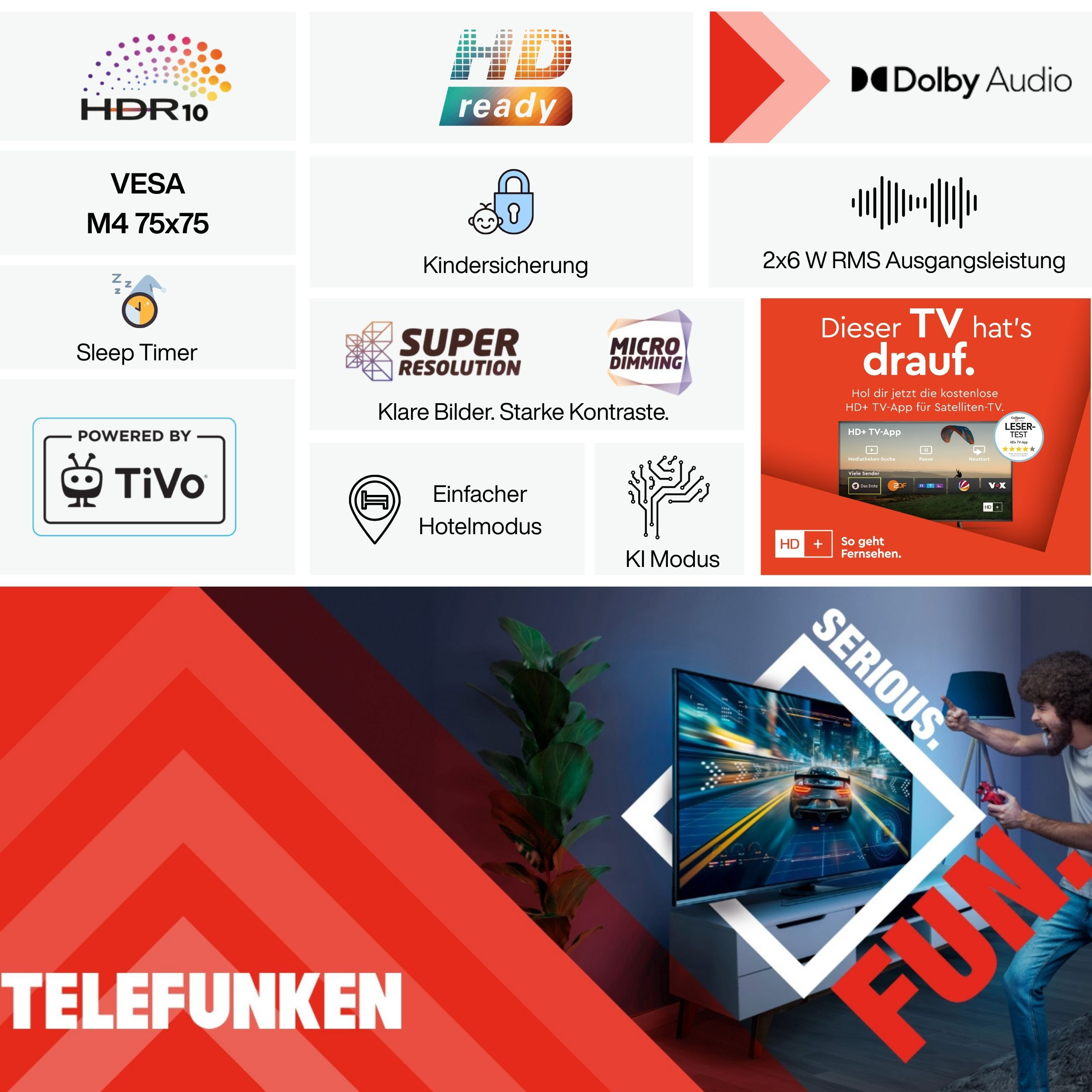 TV-Funktionen und -Symbole, ein Mann, der Videospiele spielt, und Telefunken-Logo auf rotem Hintergrund.