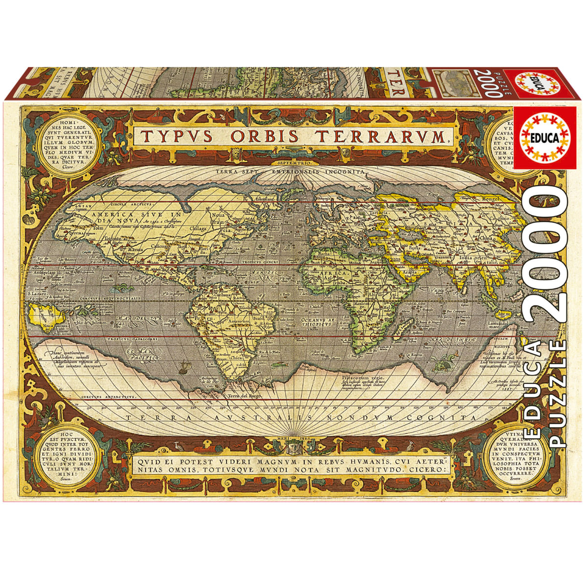 Puzzle Educa 2000 elementów przedstawia starożytną mapę świata, z kontynentami, oceanami i tekstem łacińskim.